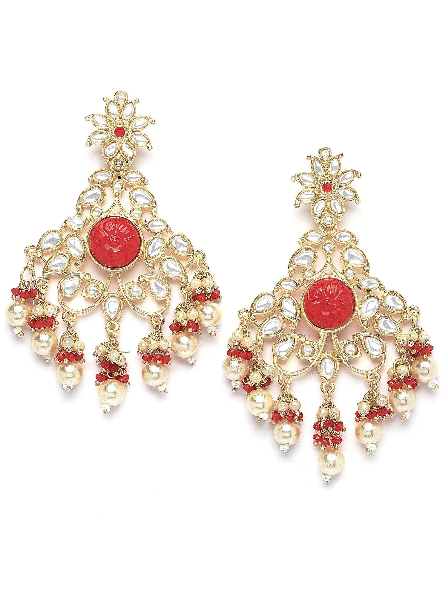 Karatcart Gold Plated Red Carved Stone Kundan Dangler Earrings for Women