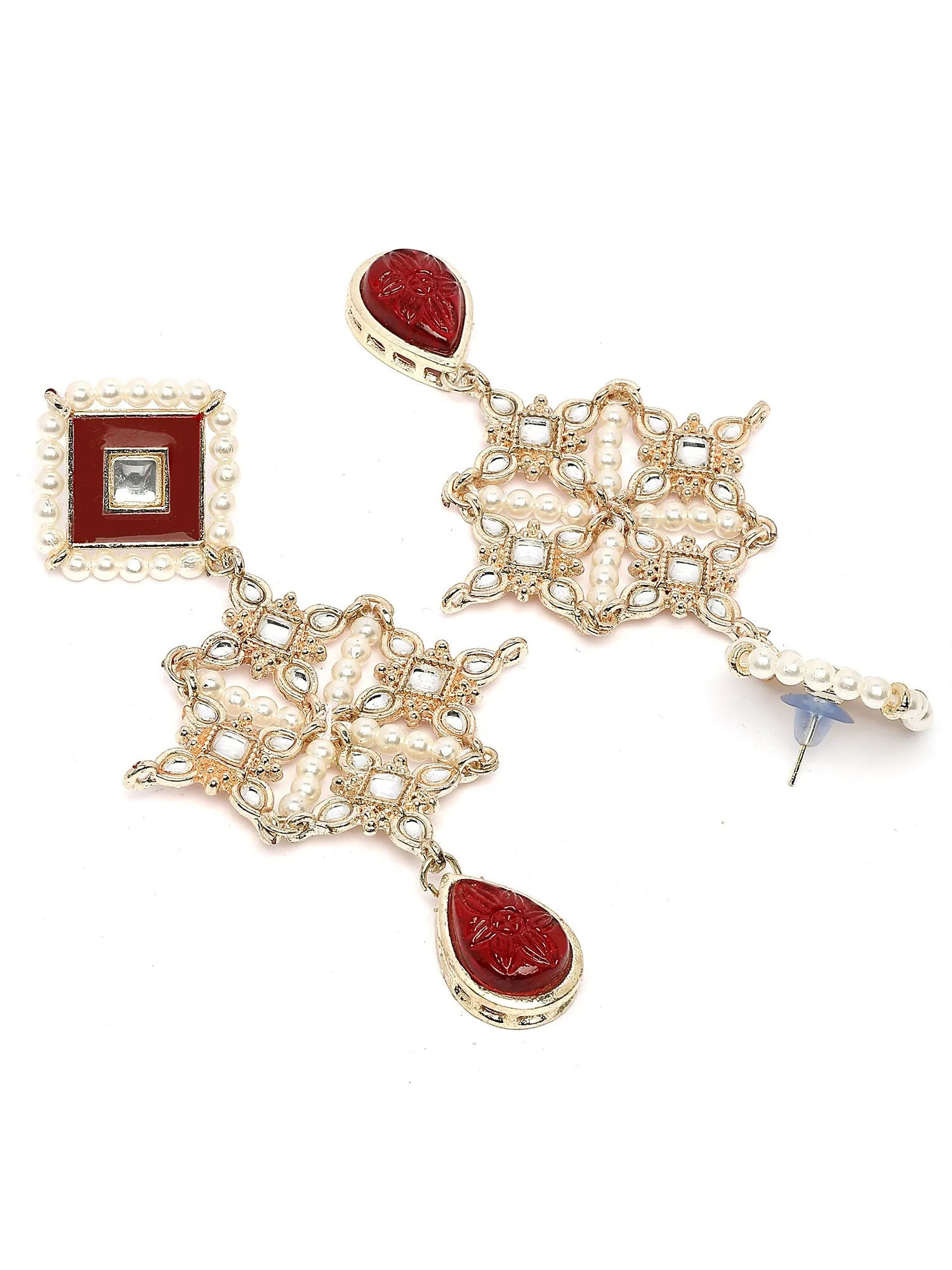 Karatcart Gold Plated Red Carved Stone Kundan Drop Earrings for Women