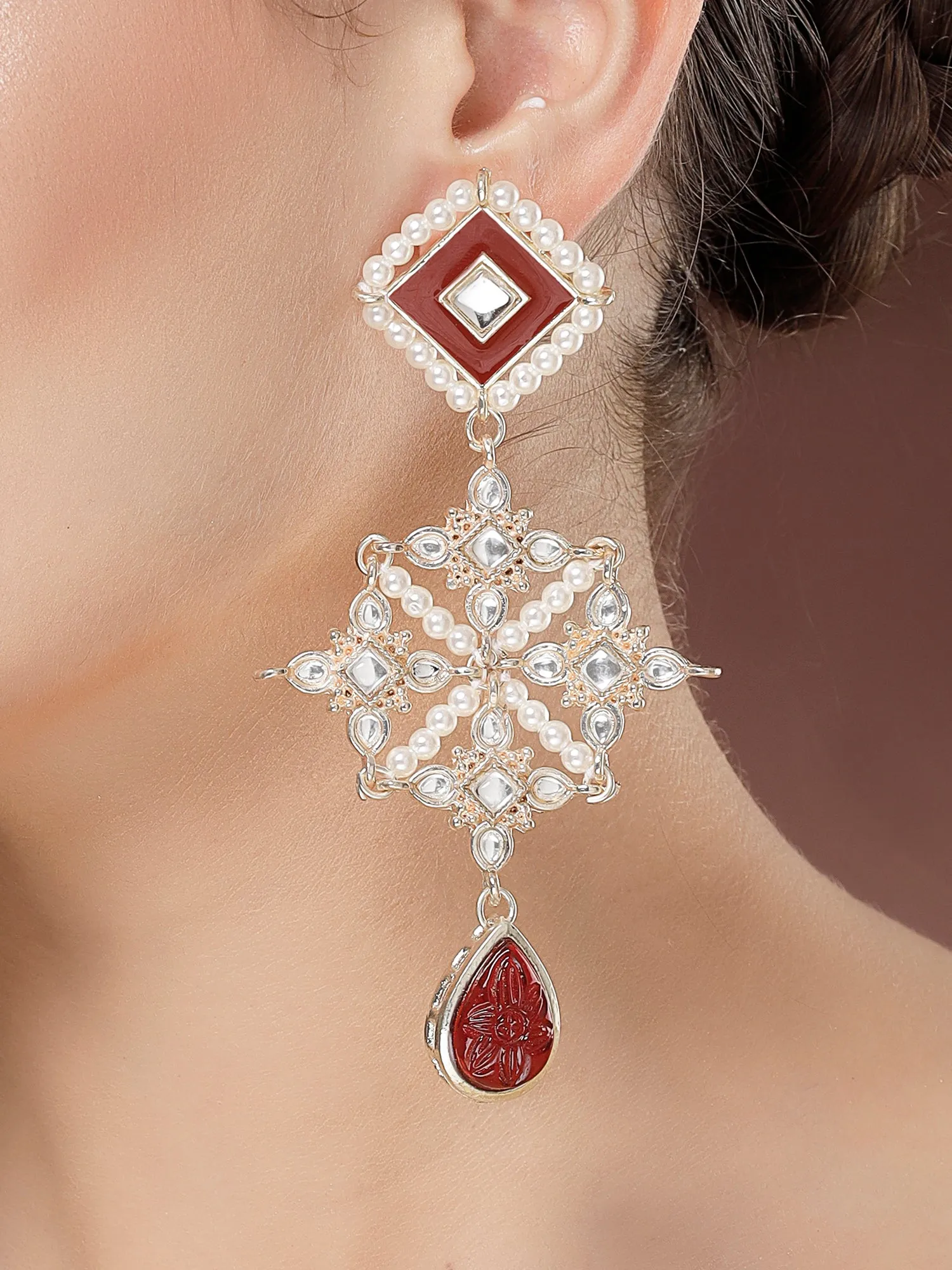Karatcart Gold Plated Red Carved Stone Kundan Drop Earrings for Women