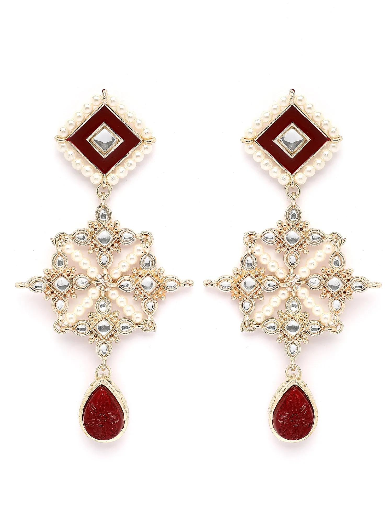 Karatcart Gold Plated Red Carved Stone Kundan Drop Earrings for Women