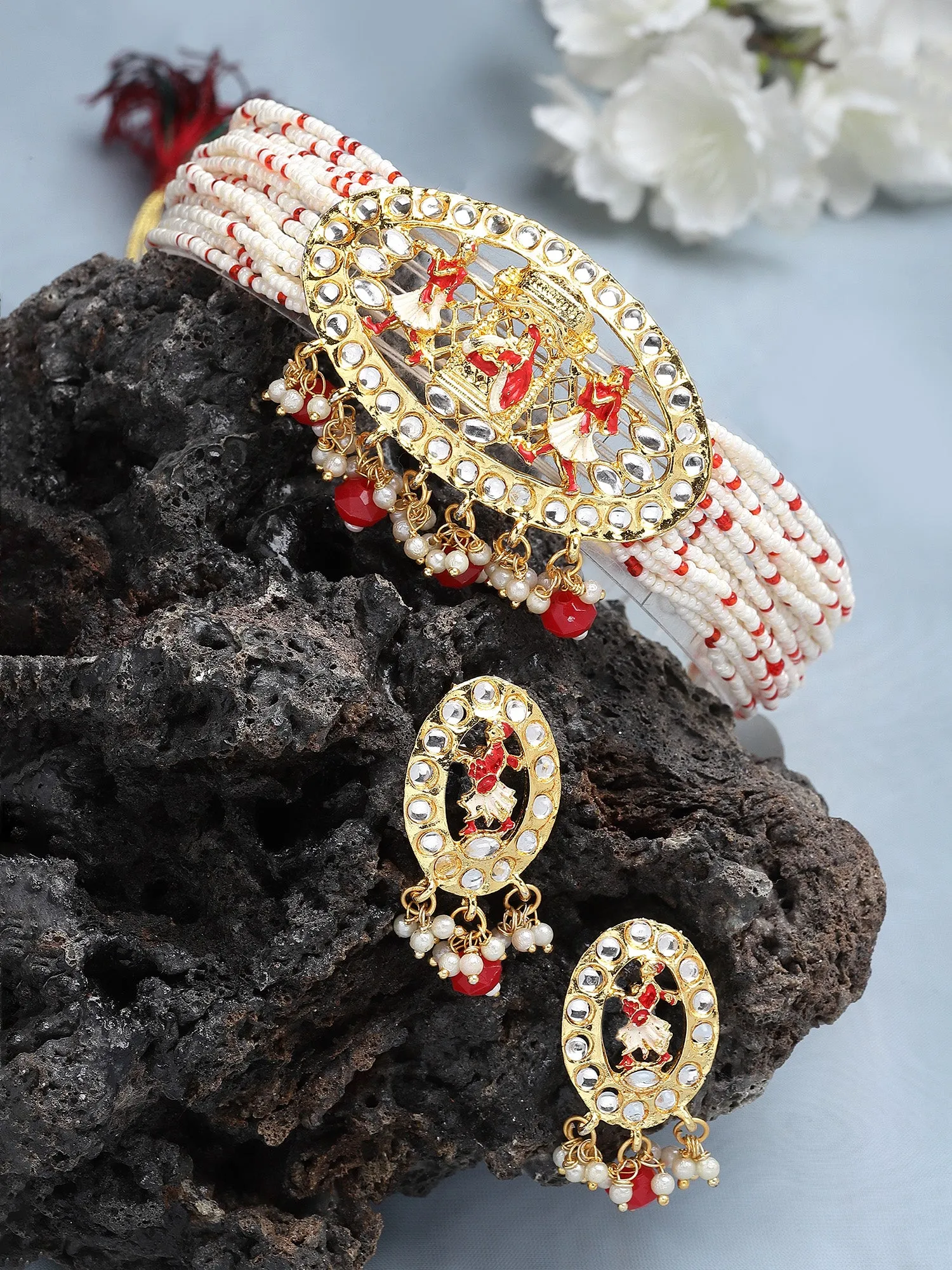 Karatcart Gold Plated Red Dulhan Doli Design Choker Necklace Set for Women