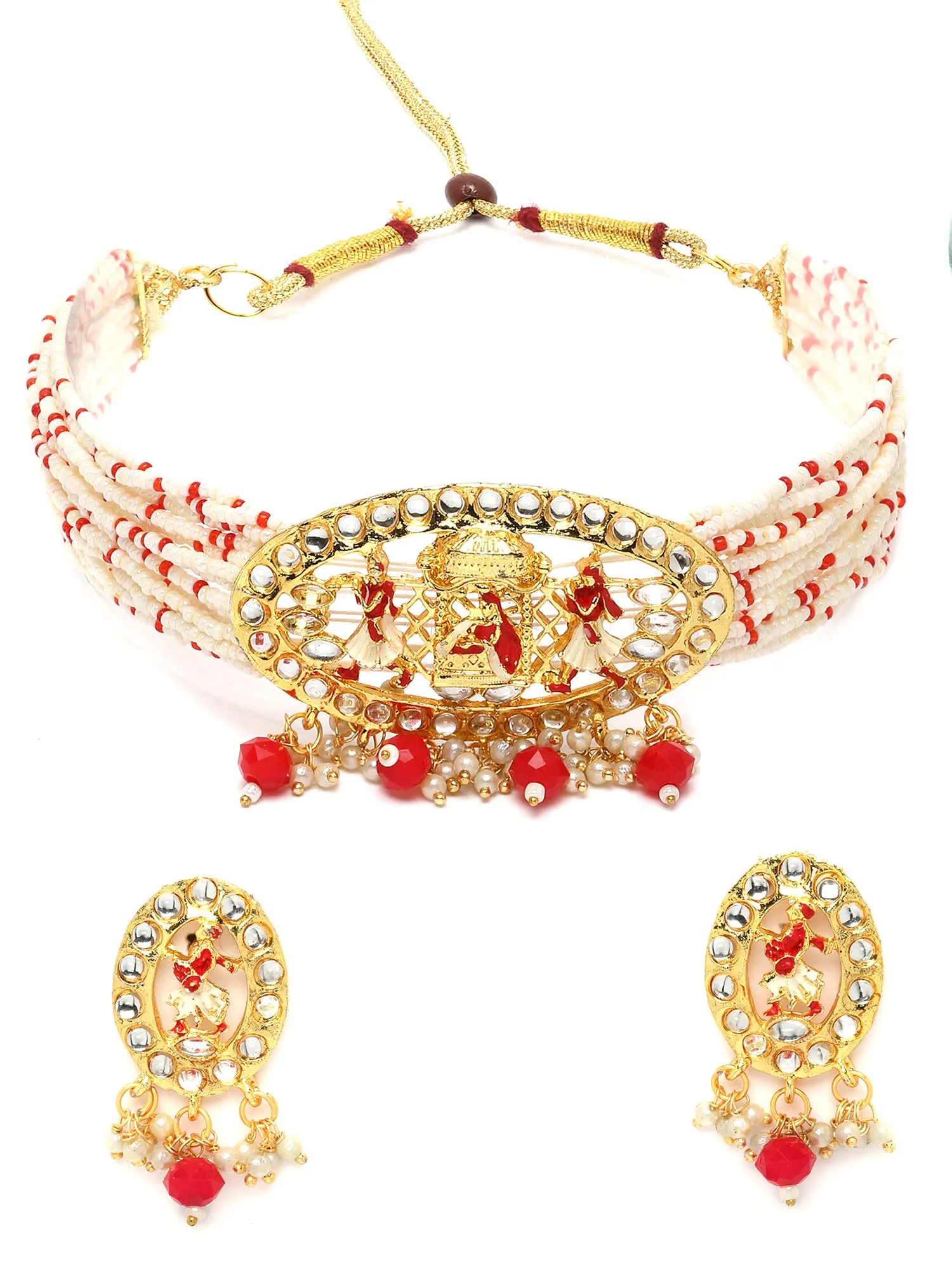 Karatcart Gold Plated Red Dulhan Doli Design Choker Necklace Set for Women