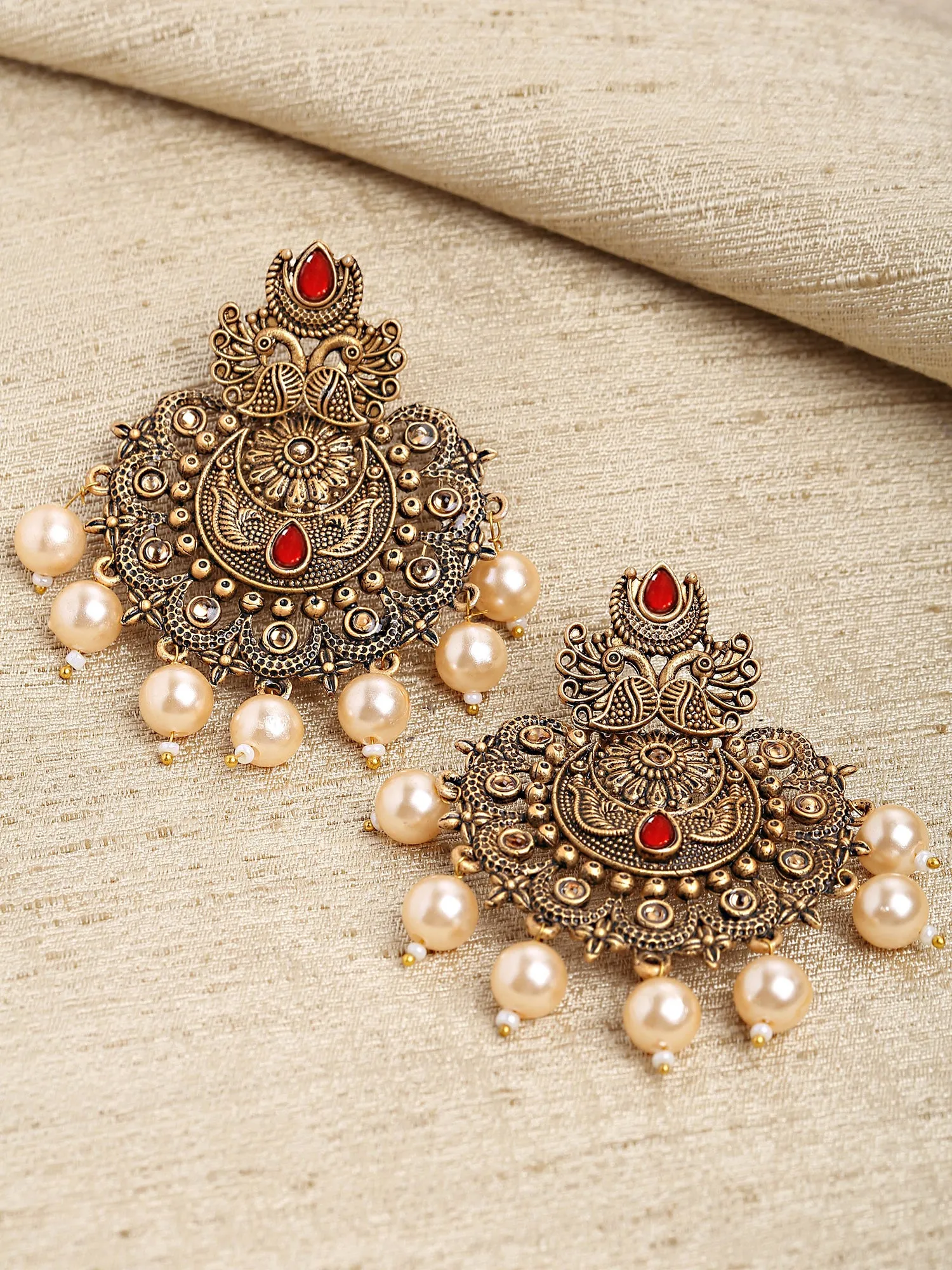 Karatcart Gold Plated Red Floral Design Gloden Pearl Dangler Earrings for Women
