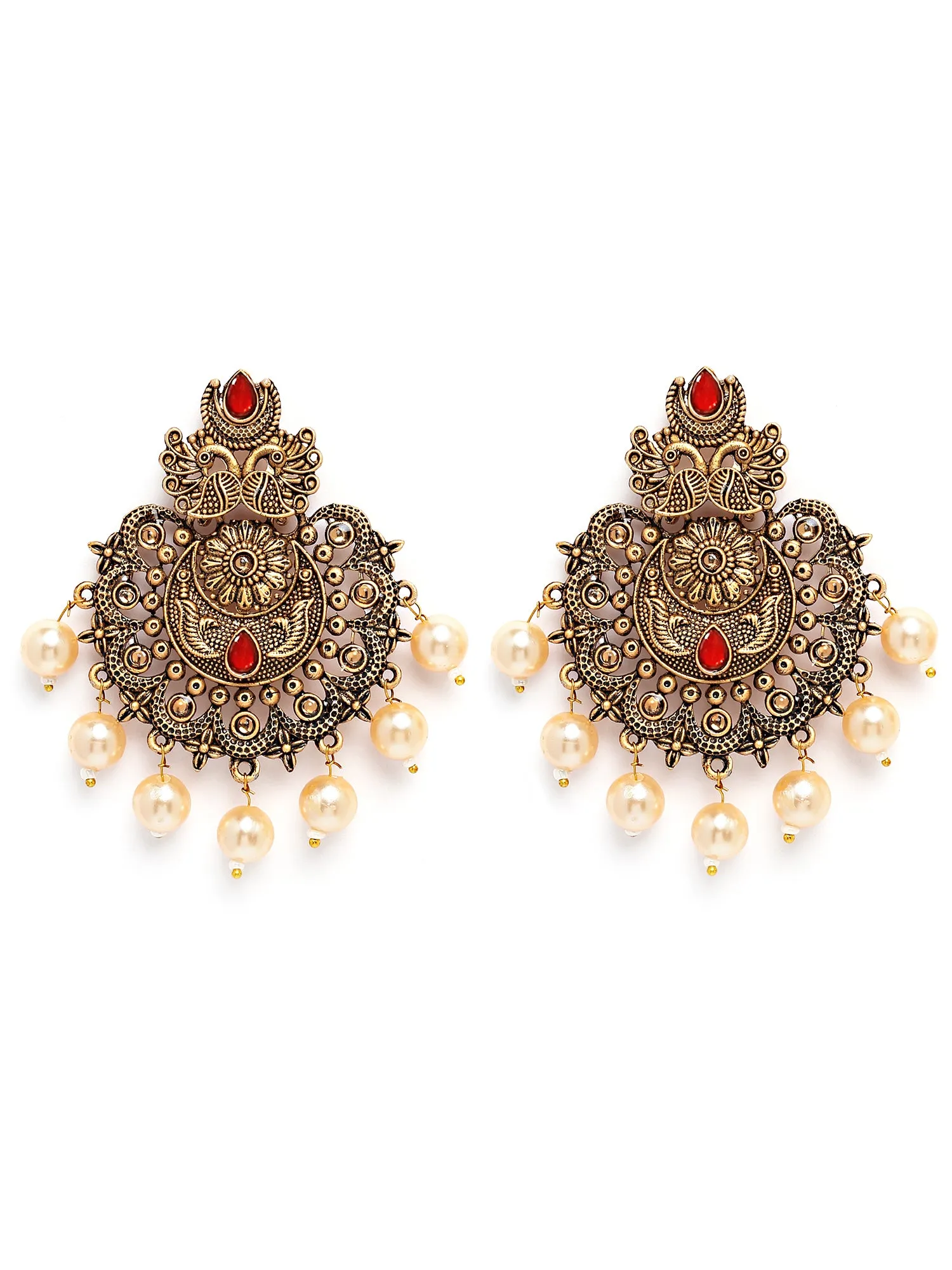 Karatcart Gold Plated Red Floral Design Gloden Pearl Dangler Earrings for Women