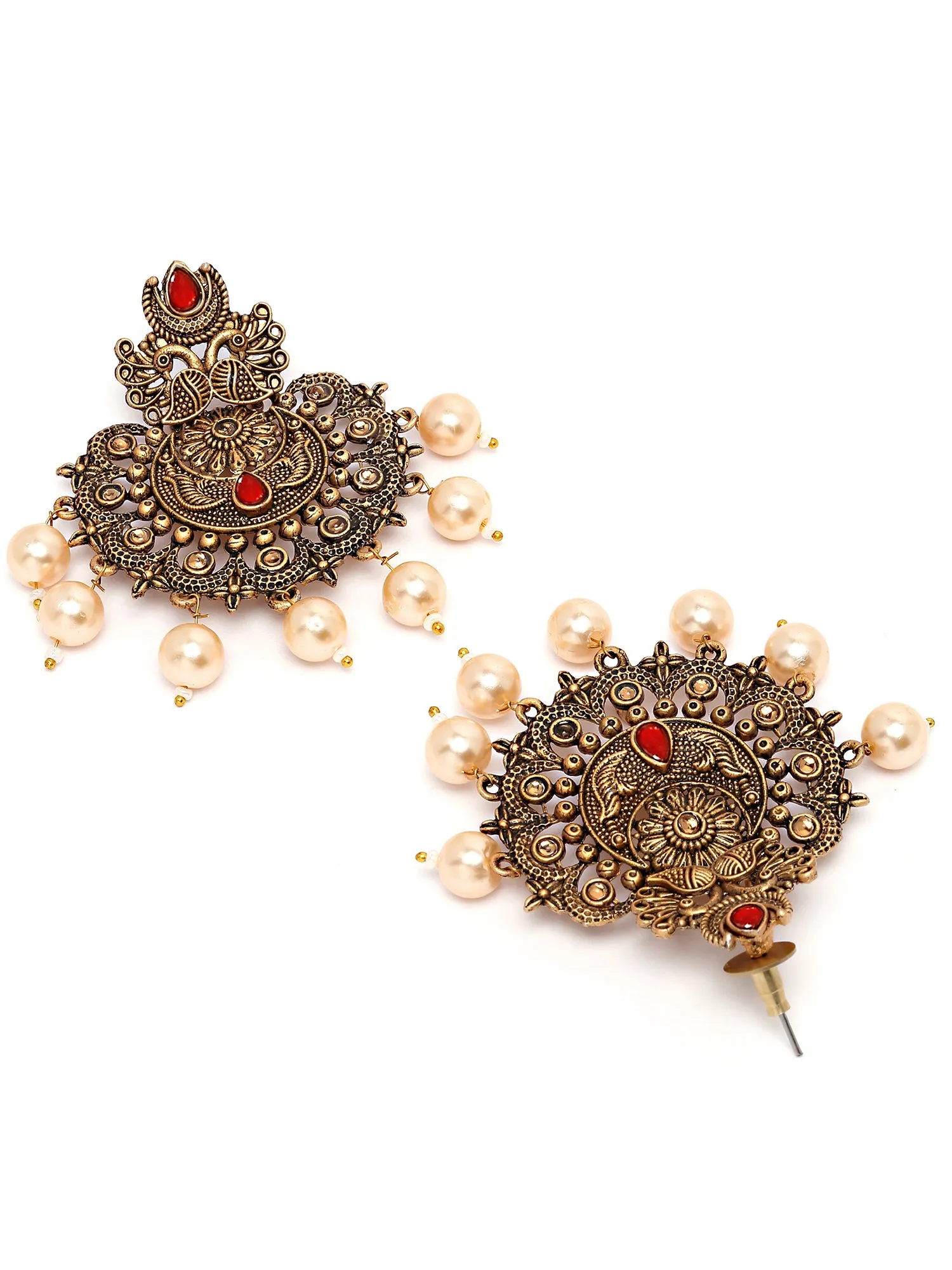 Karatcart Gold Plated Red Floral Design Gloden Pearl Dangler Earrings for Women