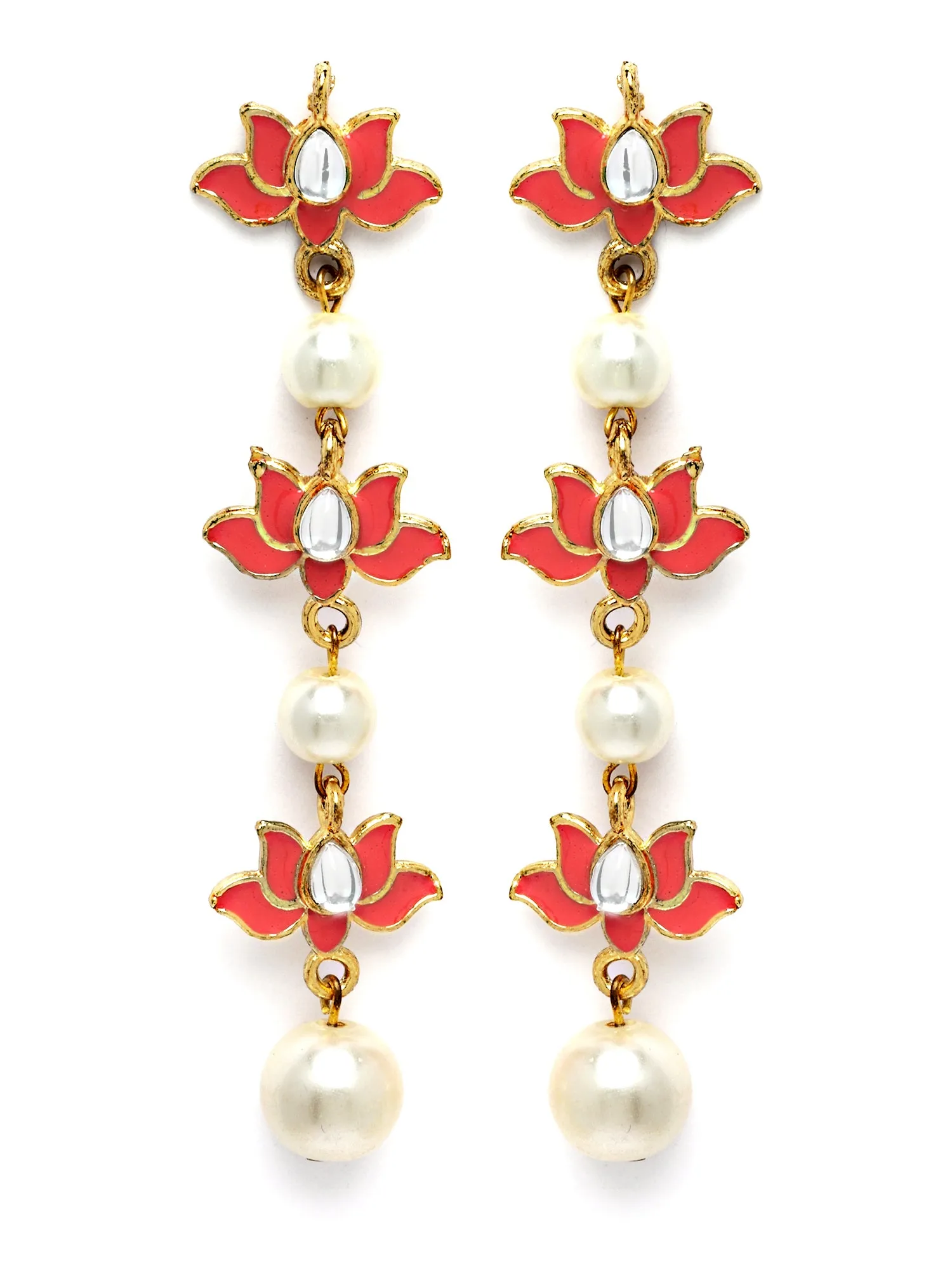 Karatcart Gold Plated Red Meena and Pearl Kundan Drop Earrings for Women