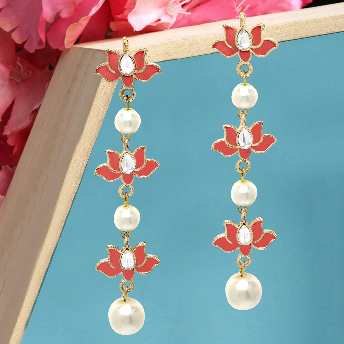 Karatcart Gold Plated Red Meena and Pearl Kundan Drop Earrings for Women