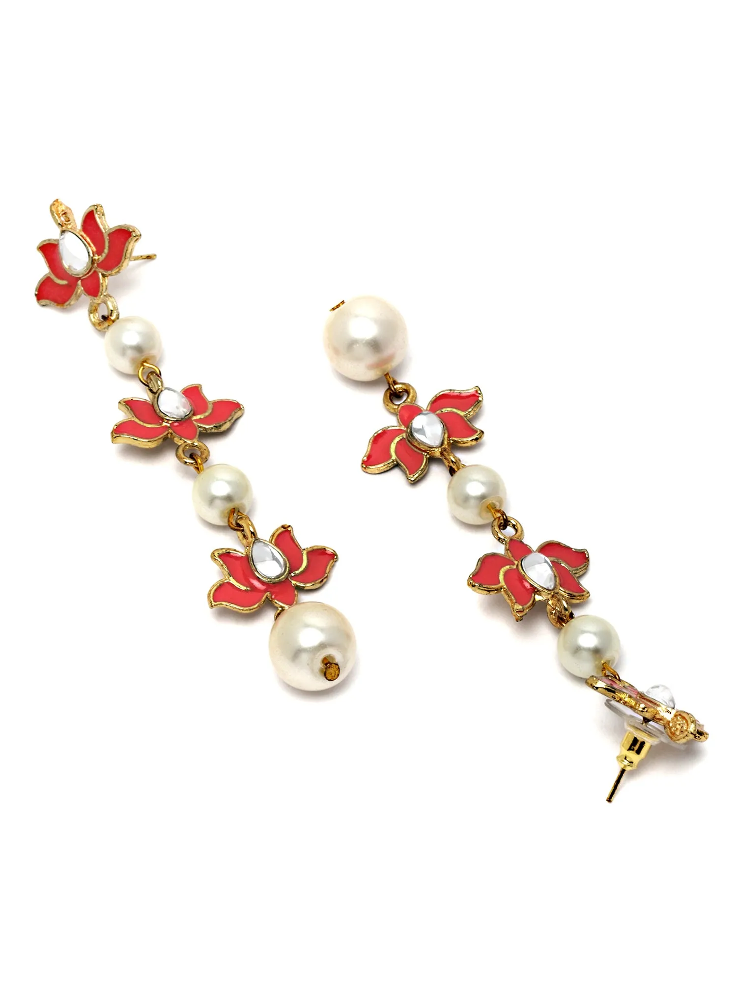 Karatcart Gold Plated Red Meena and Pearl Kundan Drop Earrings for Women