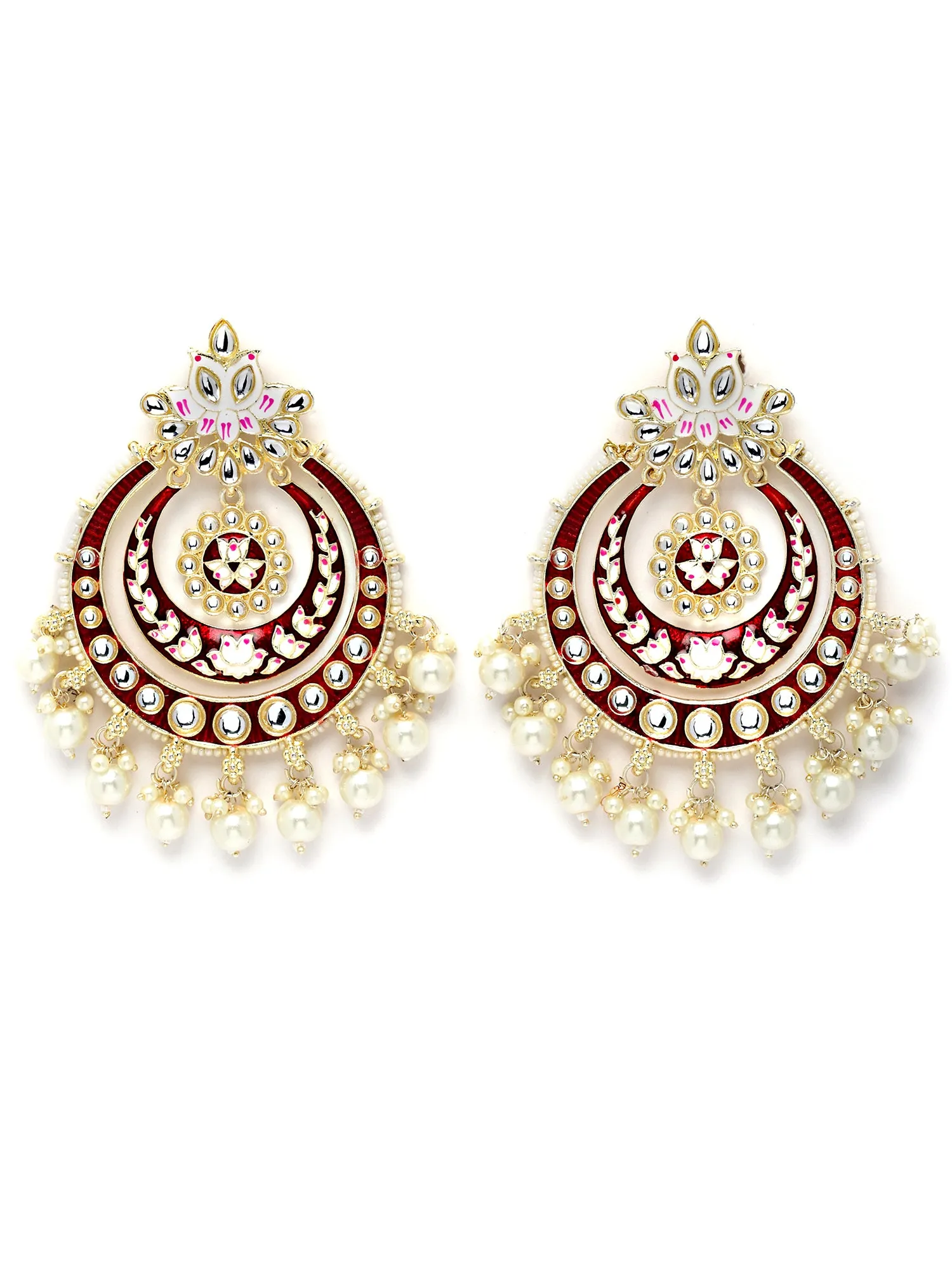 Karatcart Gold Plated Red Meena Pearl and Kundan Studded Chandbali Earrings for Women