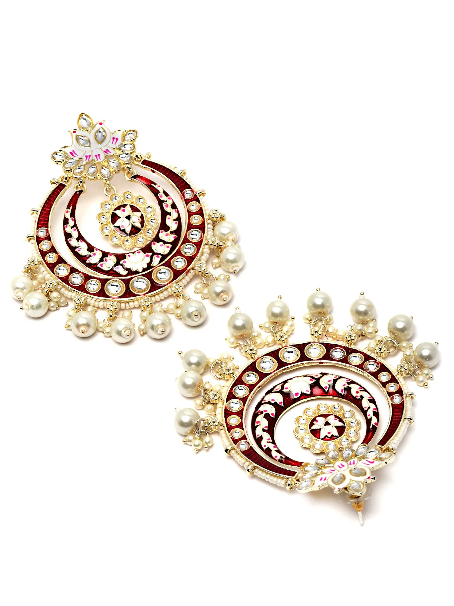 Karatcart Gold Plated Red Meena Pearl and Kundan Studded Chandbali Earrings for Women