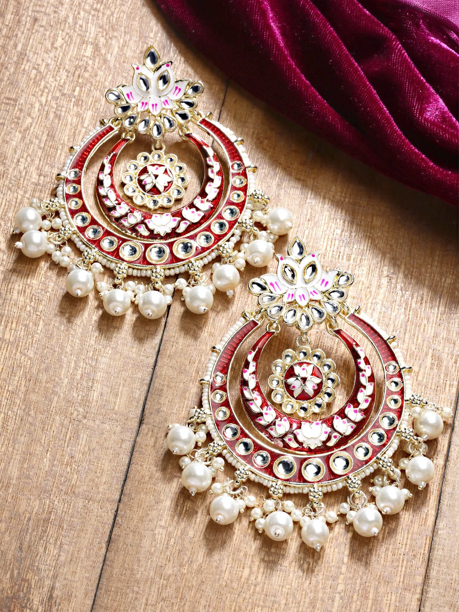 Karatcart Gold Plated Red Meena Pearl and Kundan Studded Chandbali Earrings for Women