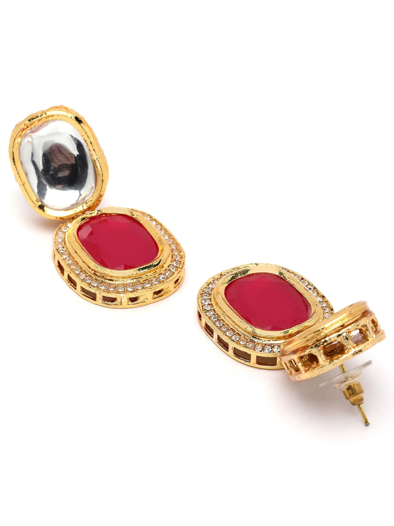 Karatcart Gold Plated Red Polki Kundan Drop Earrings for Women