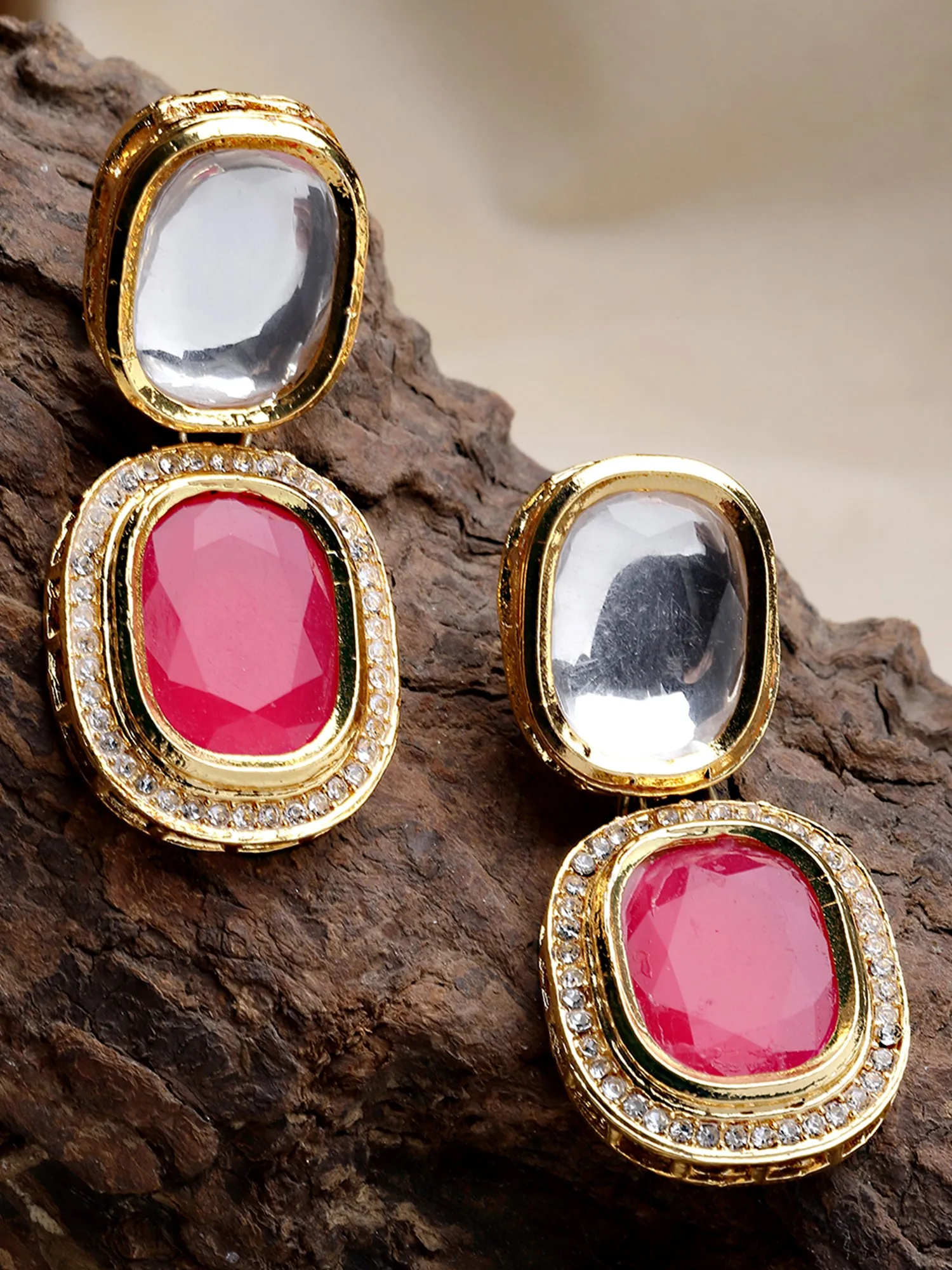 Karatcart Gold Plated Red Polki Kundan Drop Earrings for Women