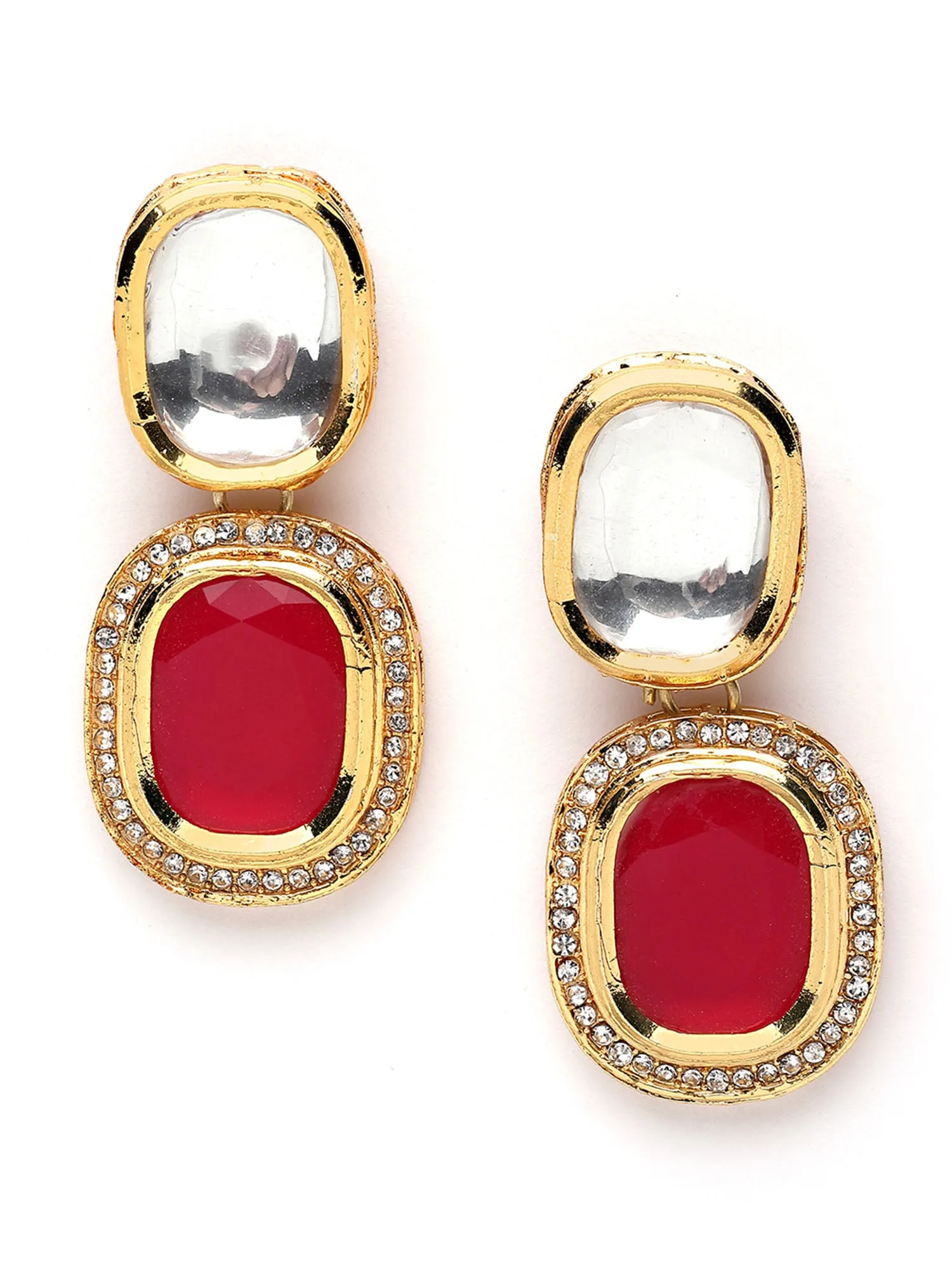Karatcart Gold Plated Red Polki Kundan Drop Earrings for Women