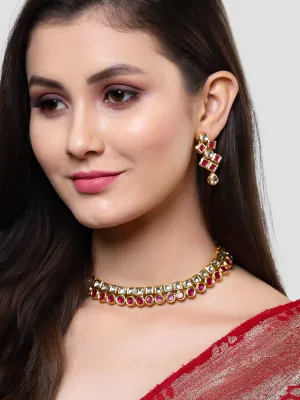 Karatcart Gold Plated Red Polki Kundan Handcrafted Necklace Set for Women