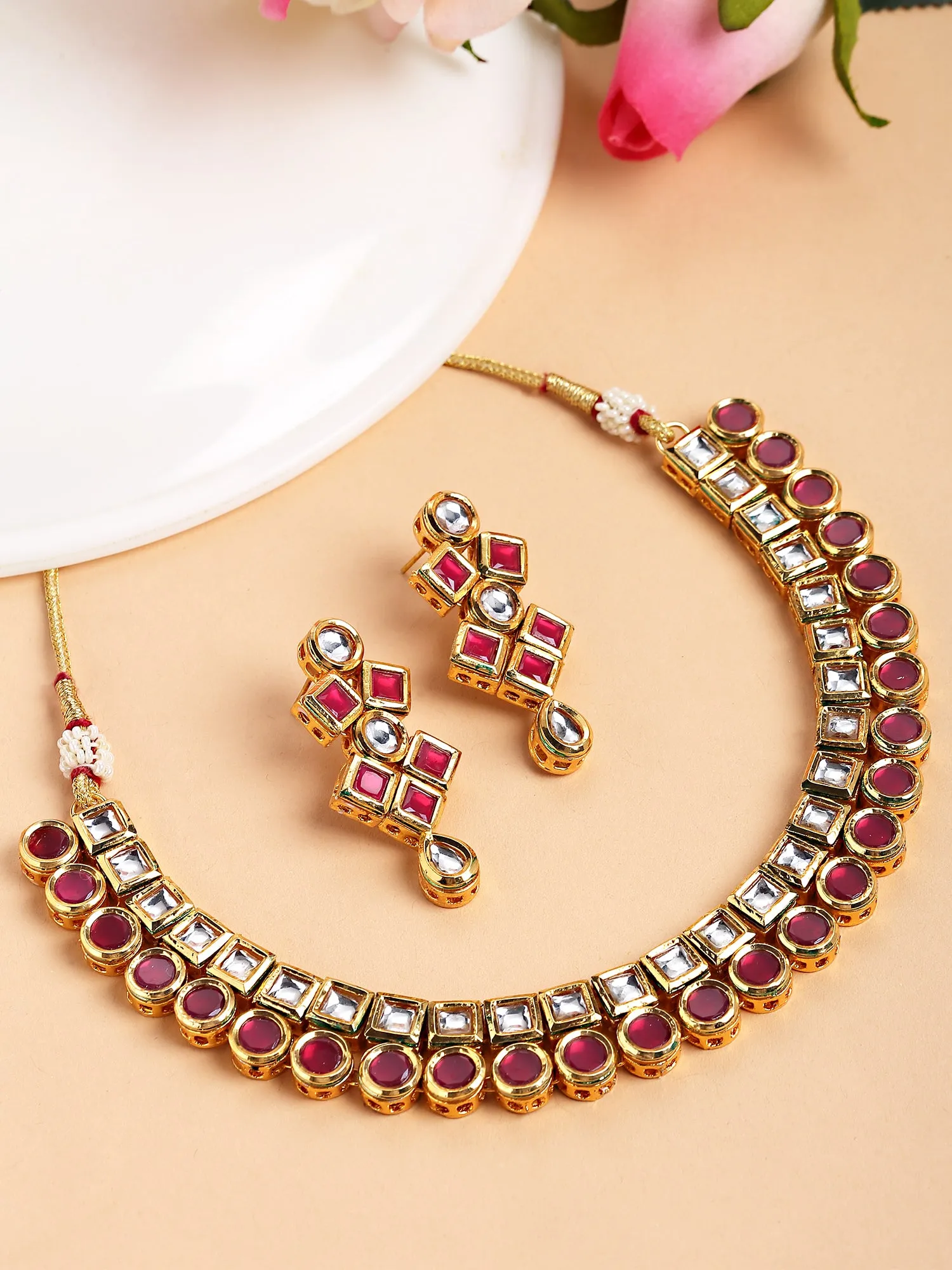 Karatcart Gold Plated Red Polki Kundan Handcrafted Necklace Set for Women