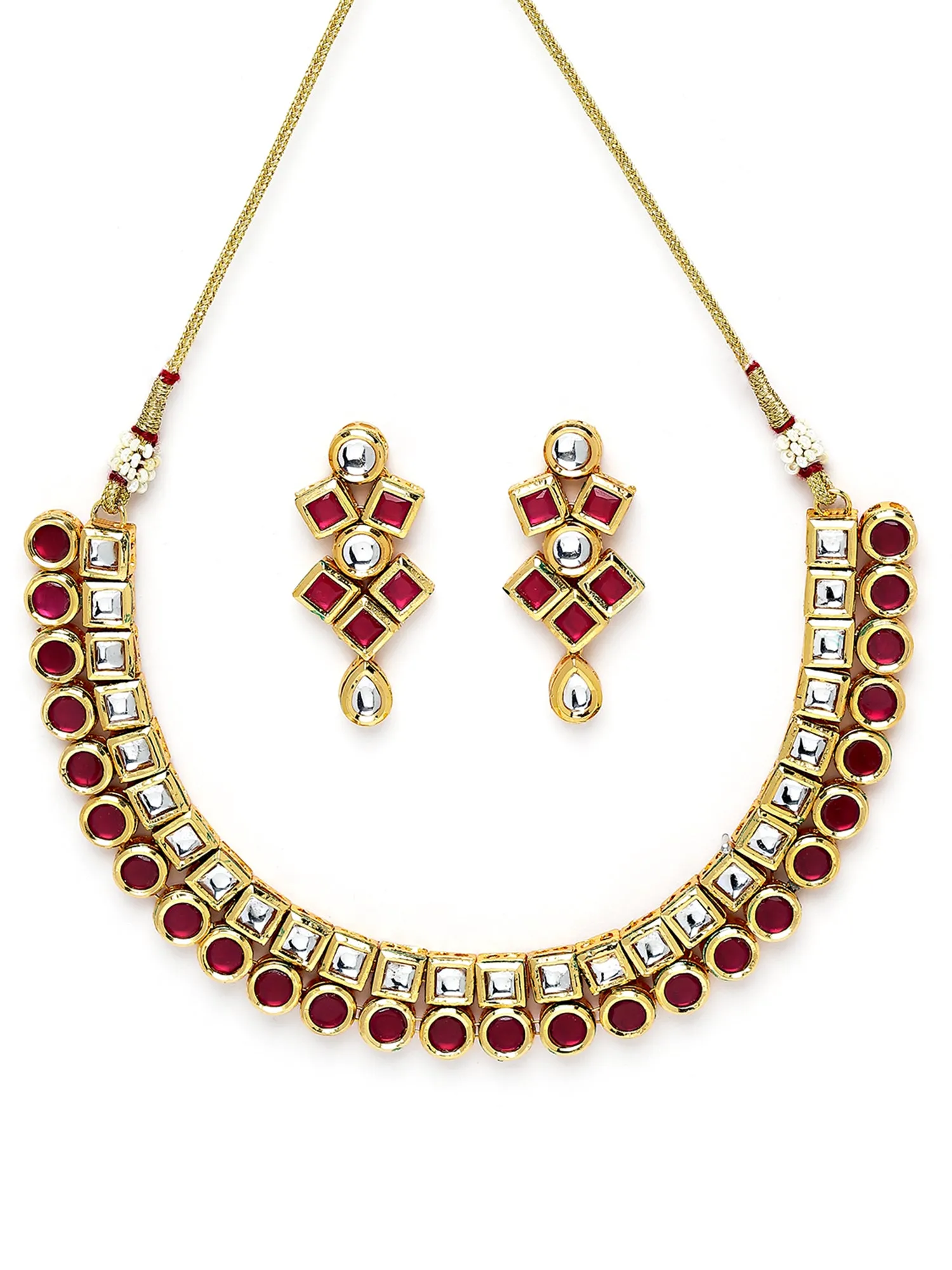 Karatcart Gold Plated Red Polki Kundan Handcrafted Necklace Set for Women