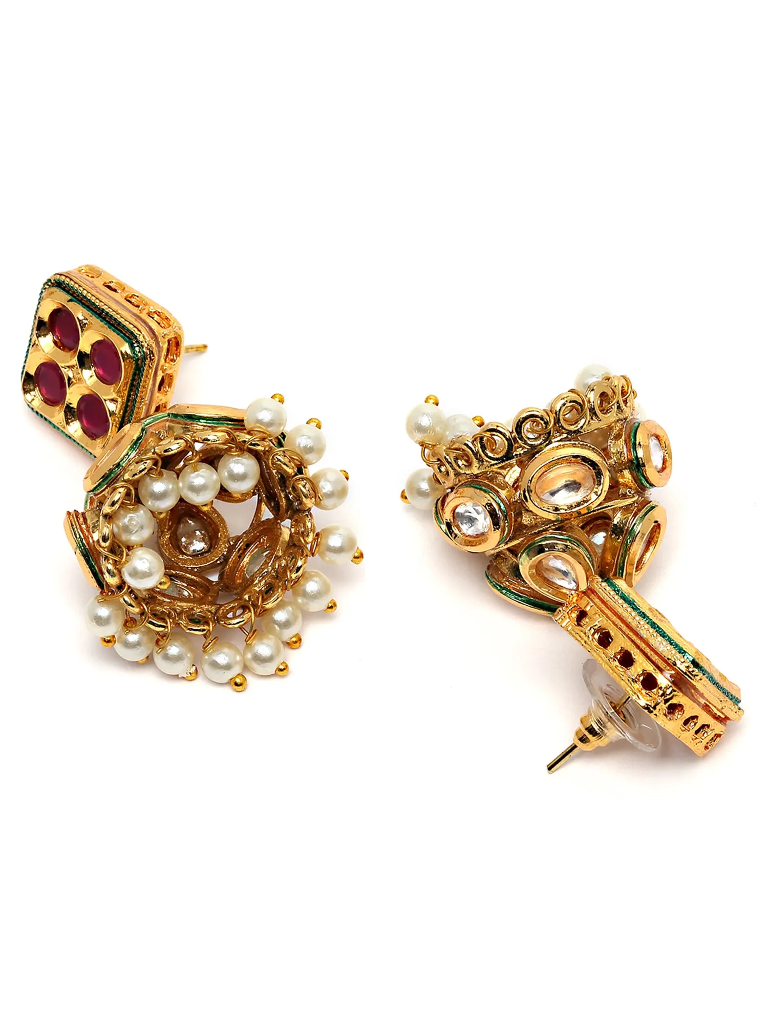 Karatcart Gold Plated Red Polki Kundan Studded Jhumki Earrings for Women