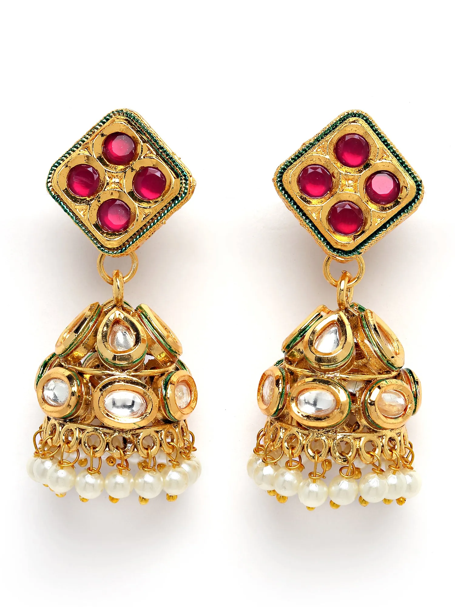 Karatcart Gold Plated Red Polki Kundan Studded Jhumki Earrings for Women