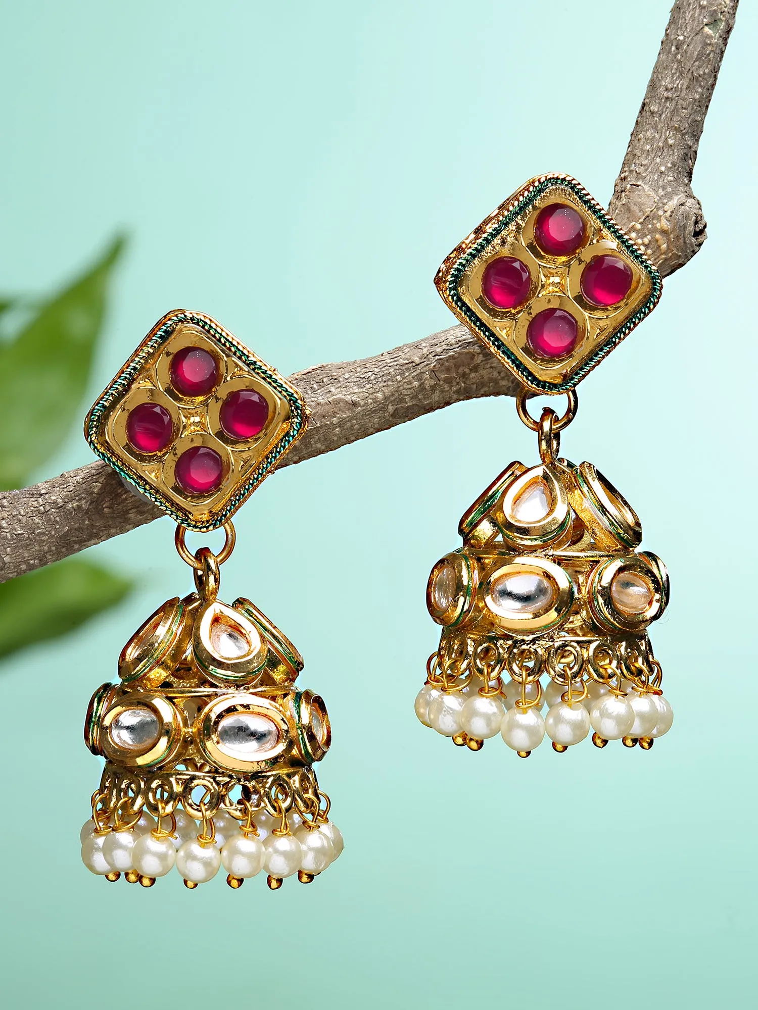 Karatcart Gold Plated Red Polki Kundan Studded Jhumki Earrings for Women