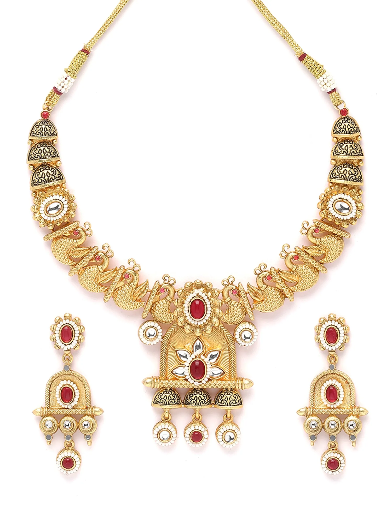 Karatcart Gold Plated Red Stone Peacock Design Temple Jewellery Set for Women