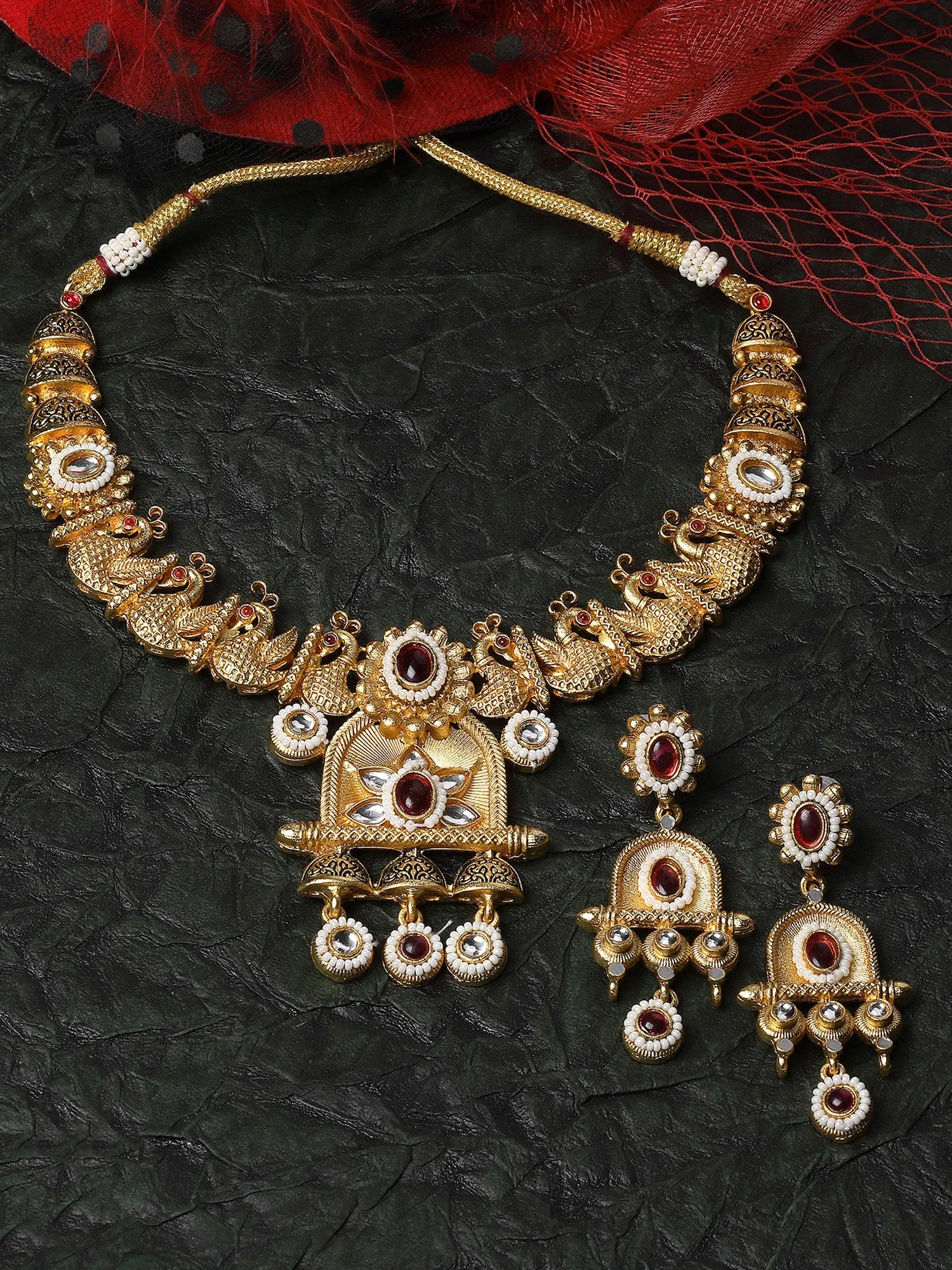 Karatcart Gold Plated Red Stone Peacock Design Temple Jewellery Set for Women
