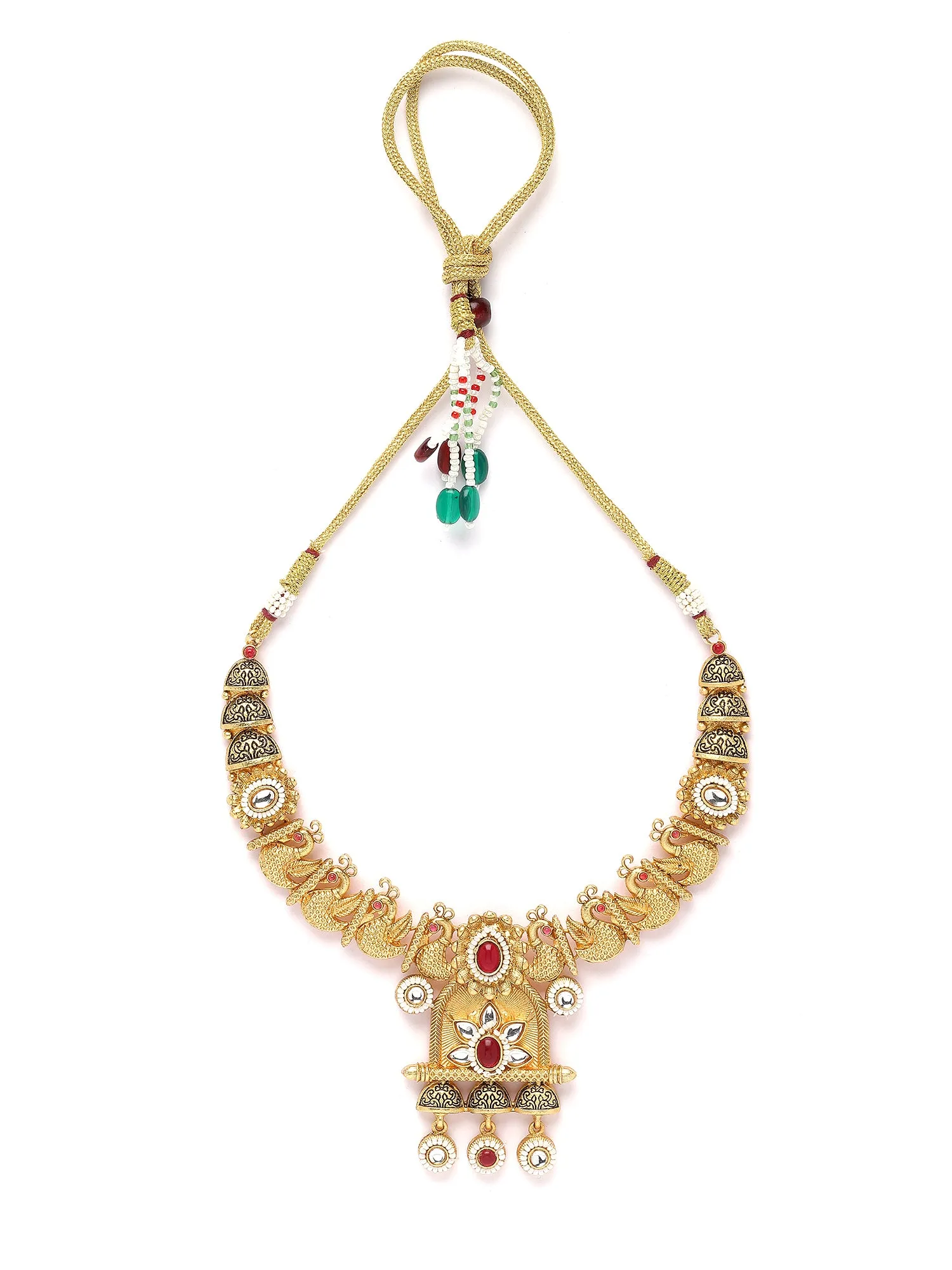 Karatcart Gold Plated Red Stone Peacock Design Temple Jewellery Set for Women