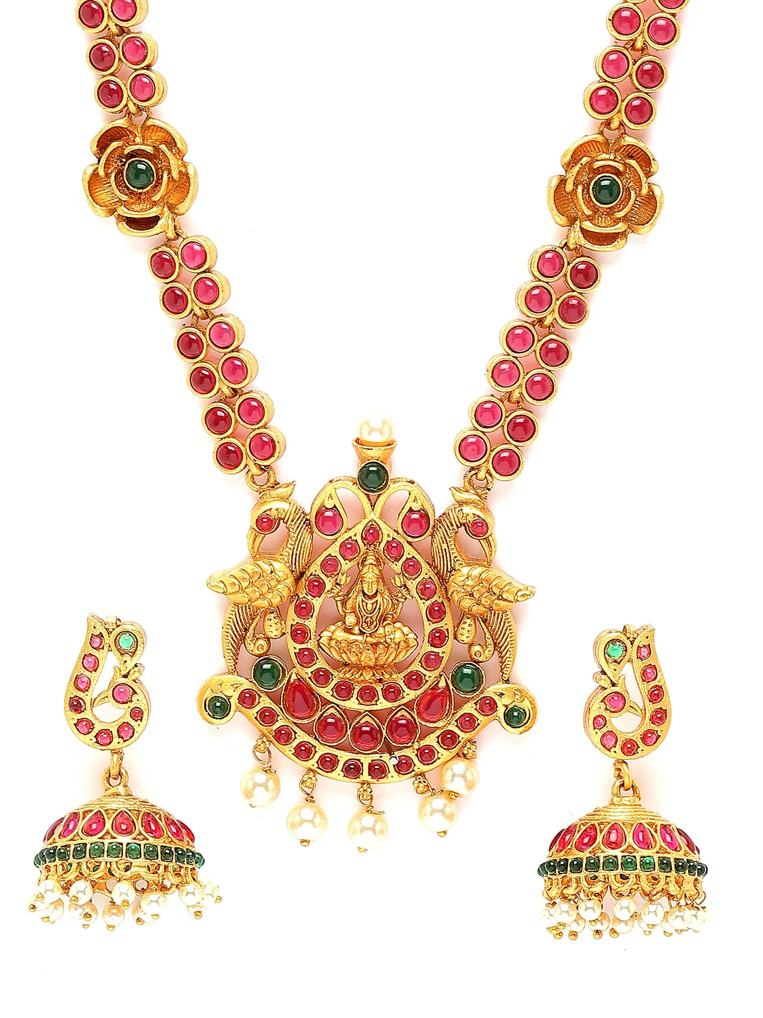 Karatcart Gold Plated Red Stones Laxmi Mata Temple Jewellery Set for Women