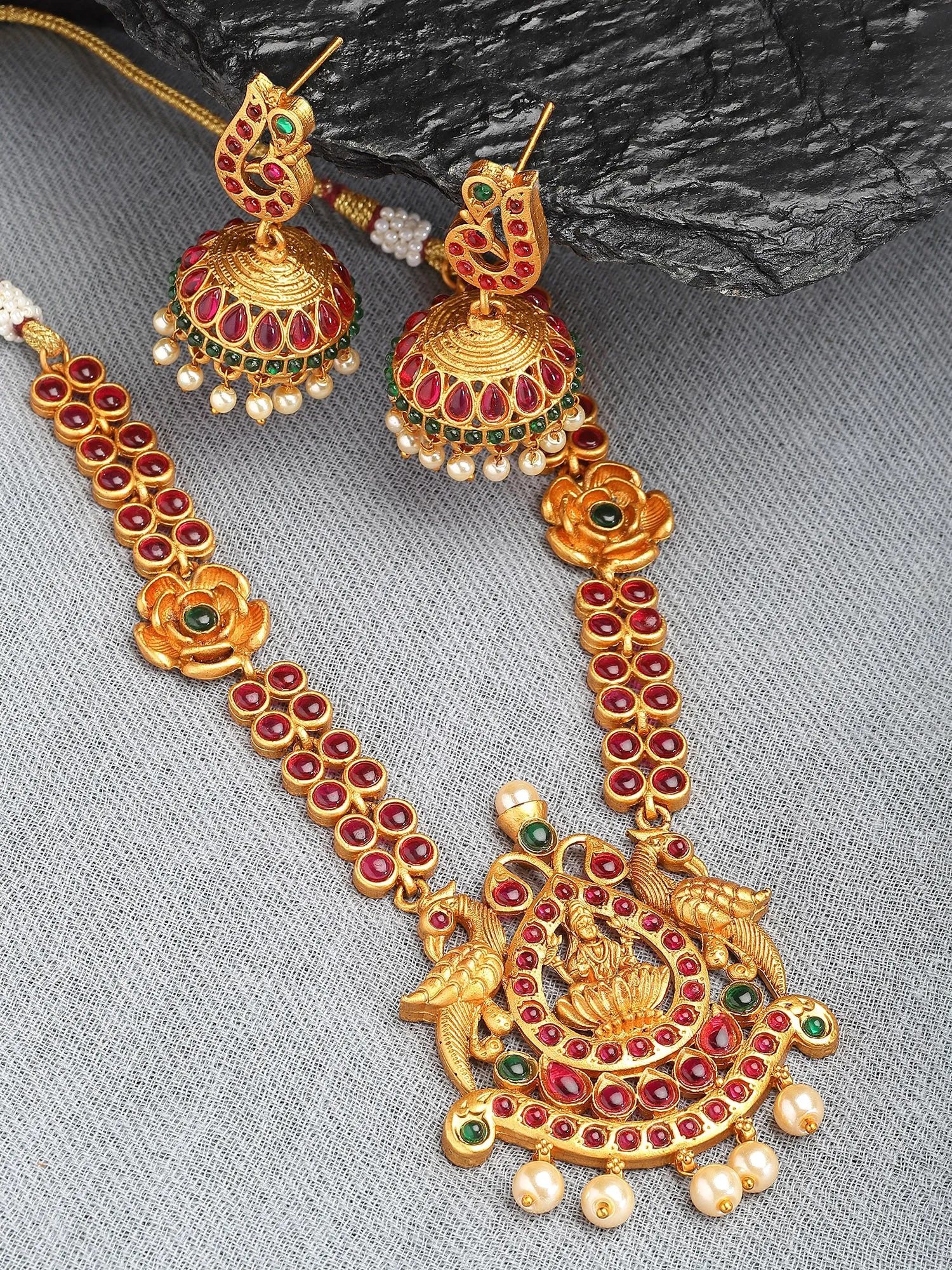 Karatcart Gold Plated Red Stones Laxmi Mata Temple Jewellery Set for Women