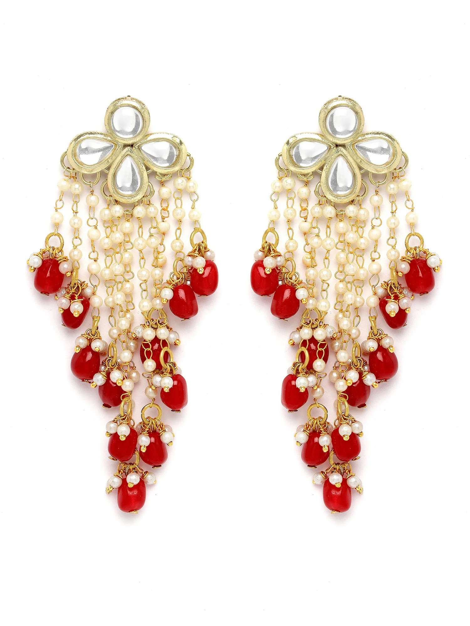 Karatcart Gold Plated Red Tumble Kundan Tassel Earrings for Women