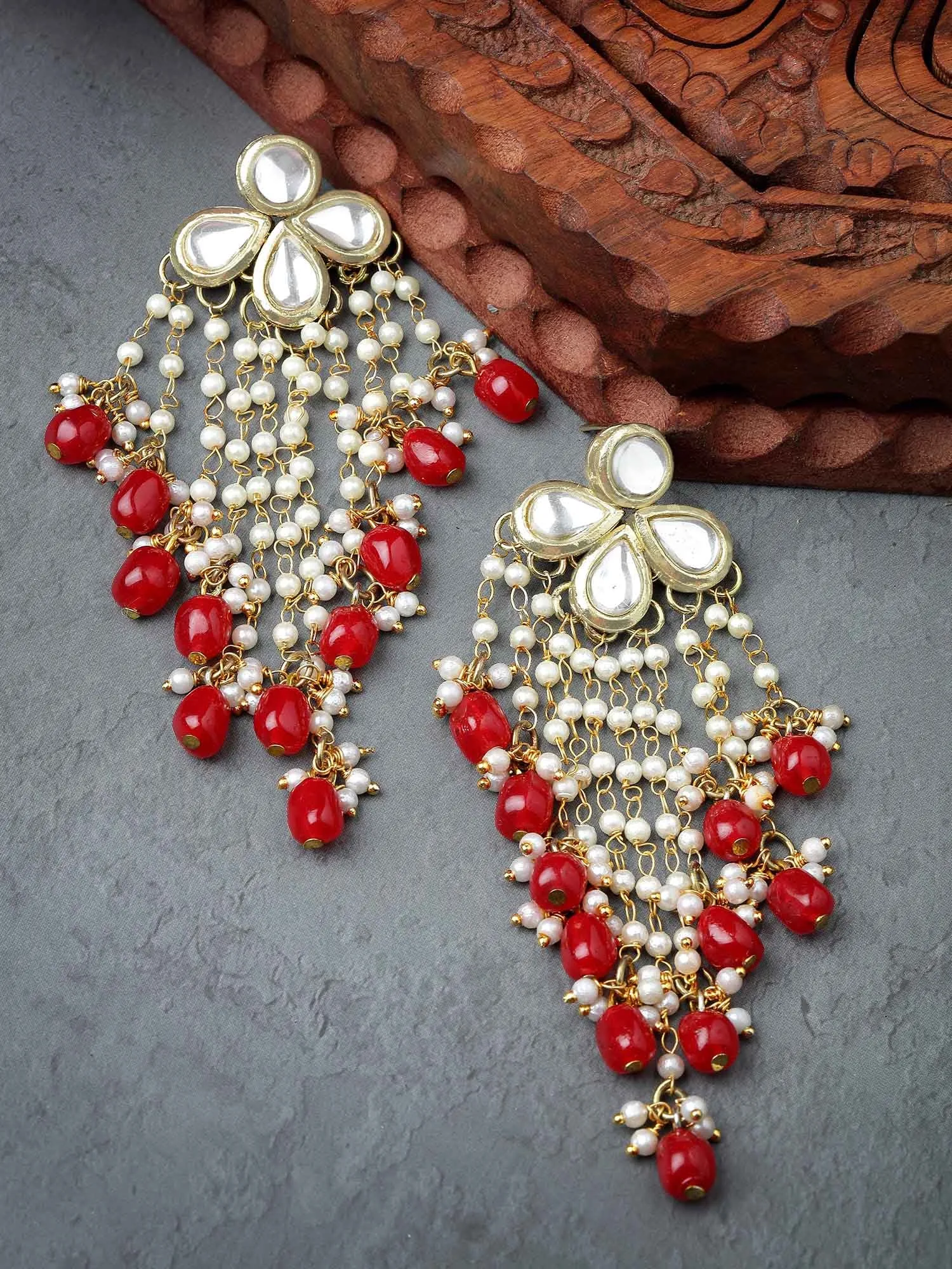 Karatcart Gold Plated Red Tumble Kundan Tassel Earrings for Women