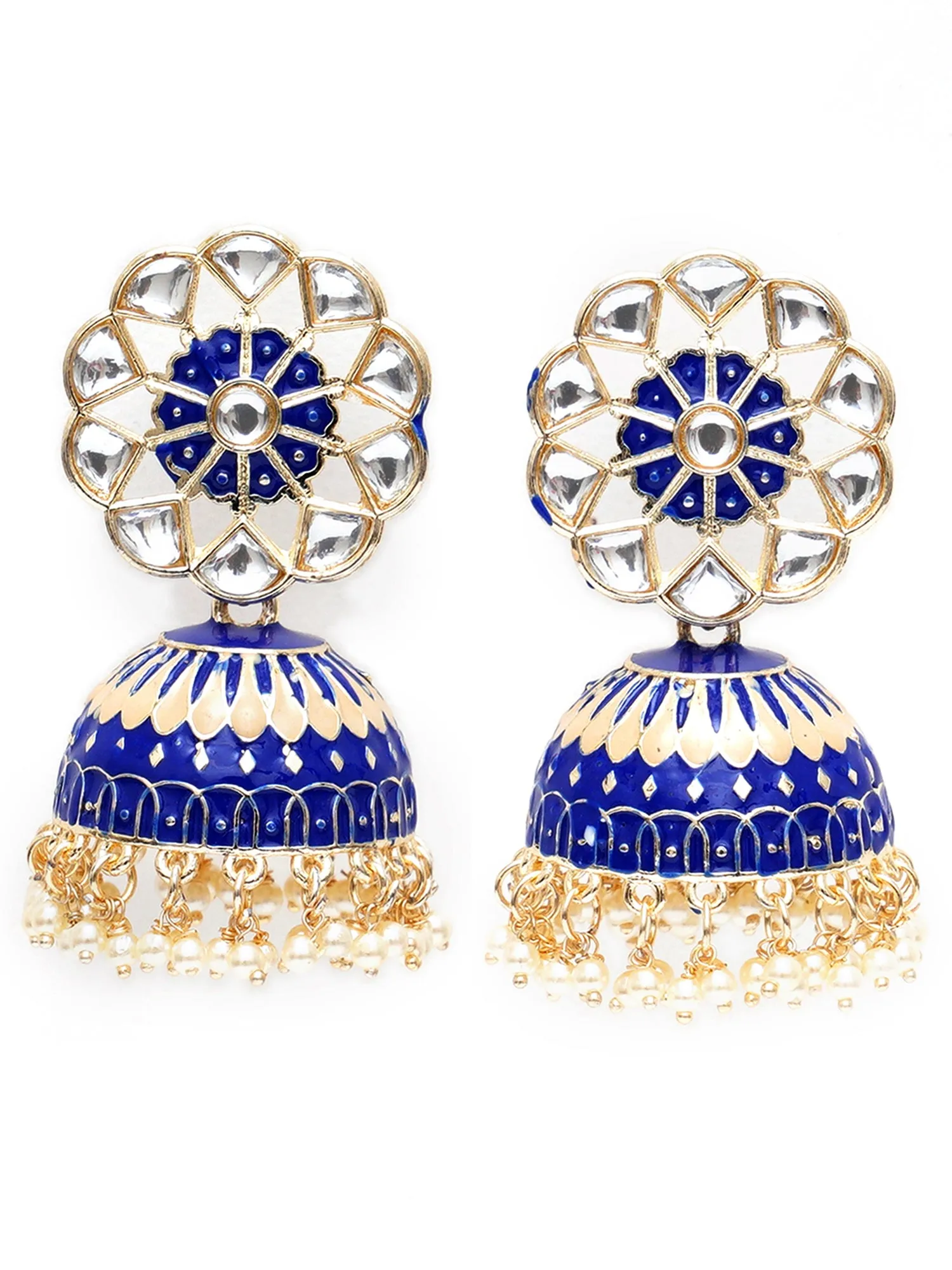 Karatcart Gold Plated Royal Blue Meena Kunda Studded Jhumki Earrings for Women