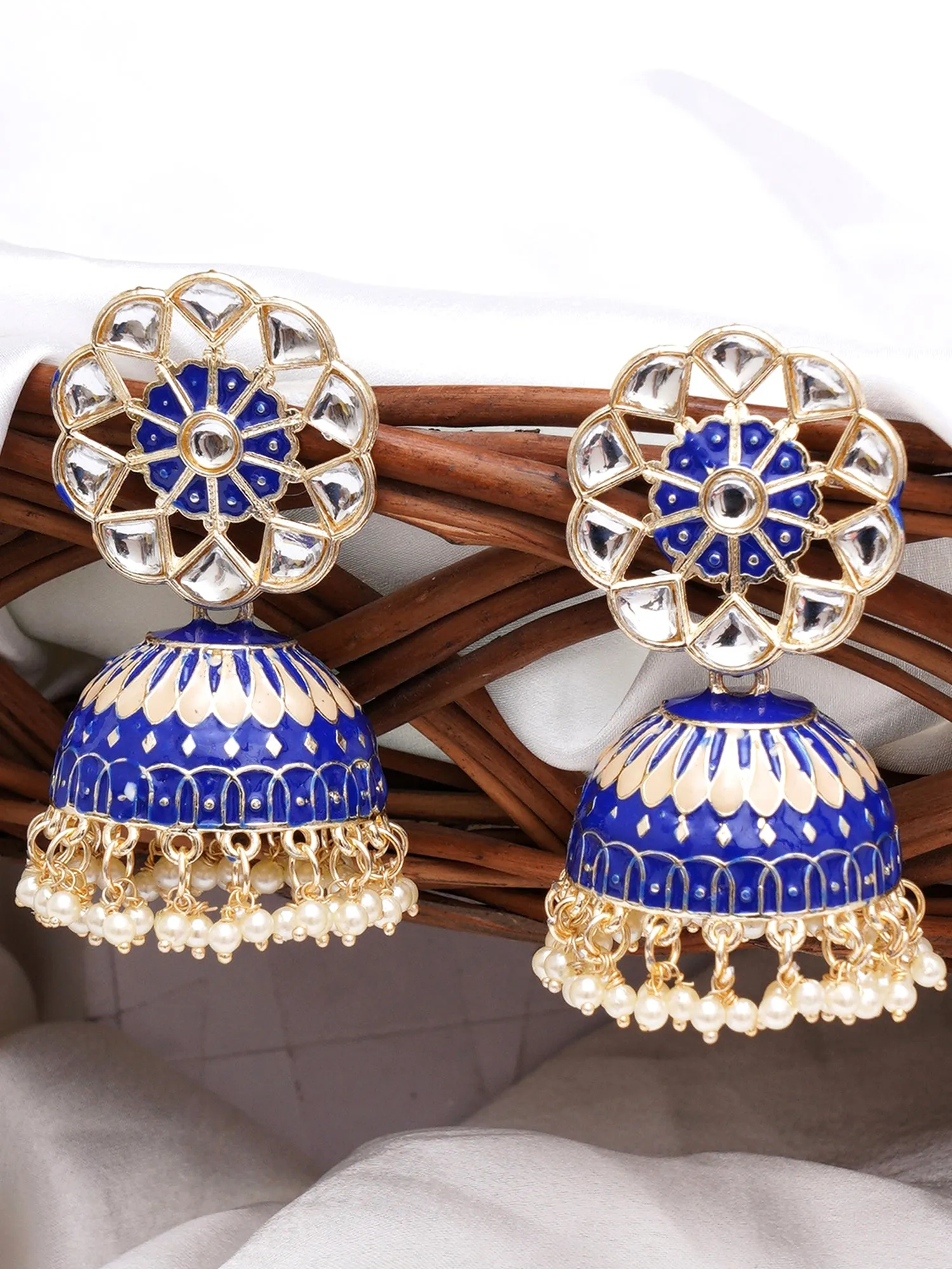 Karatcart Gold Plated Royal Blue Meena Kunda Studded Jhumki Earrings for Women