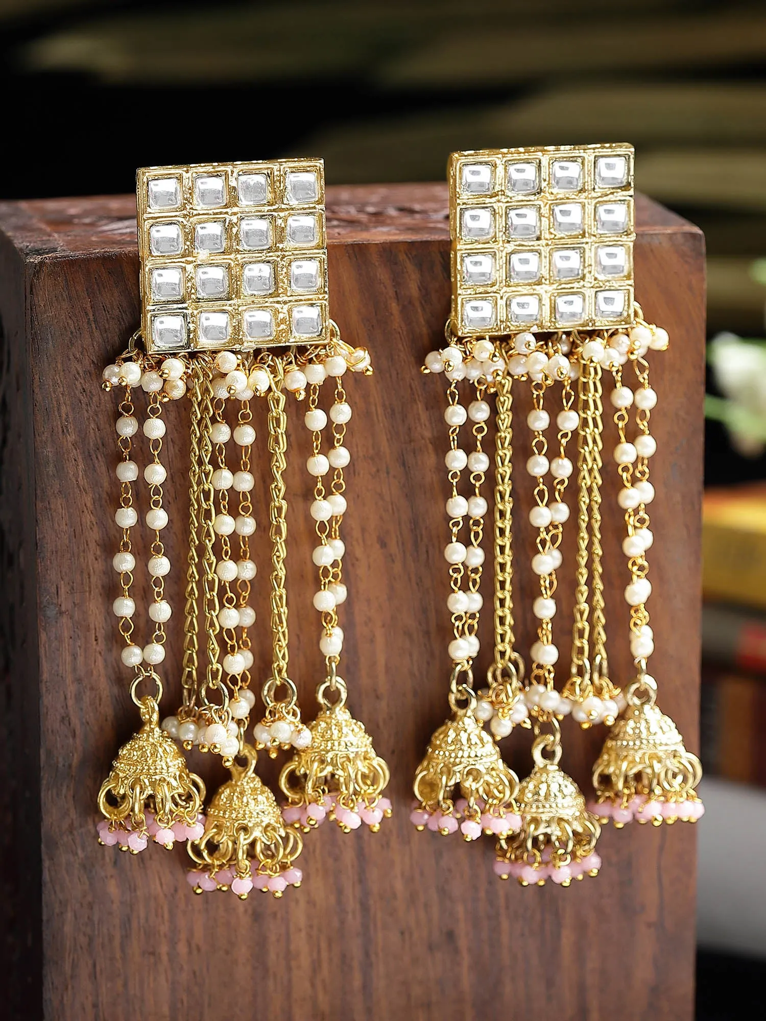Karatcart Gold Plated Square Kundan Jhumki and Pearl Chain Drop Earrings for Women