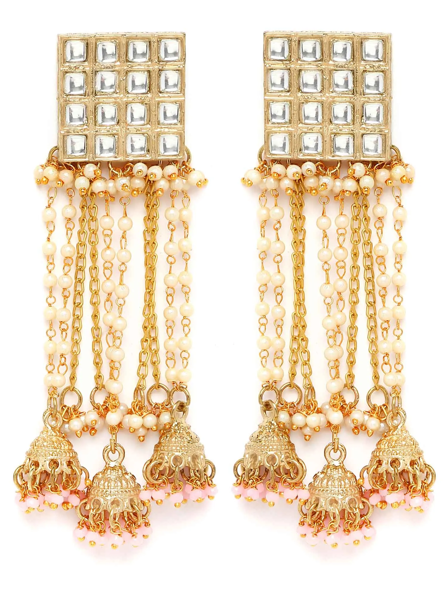 Karatcart Gold Plated Square Kundan Jhumki and Pearl Chain Drop Earrings for Women