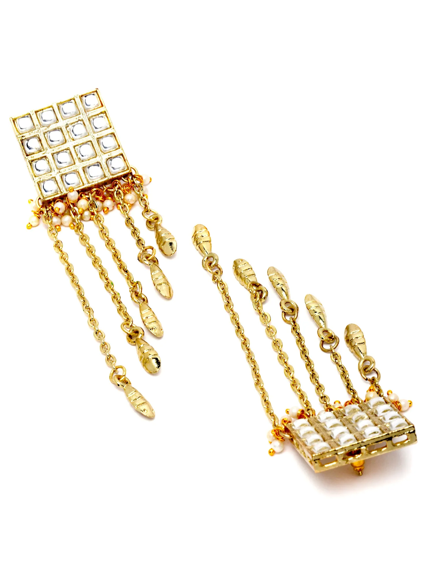 Karatcart Gold Plated Square Shape Pearl Studded Kundan Tassel Earrings for Women