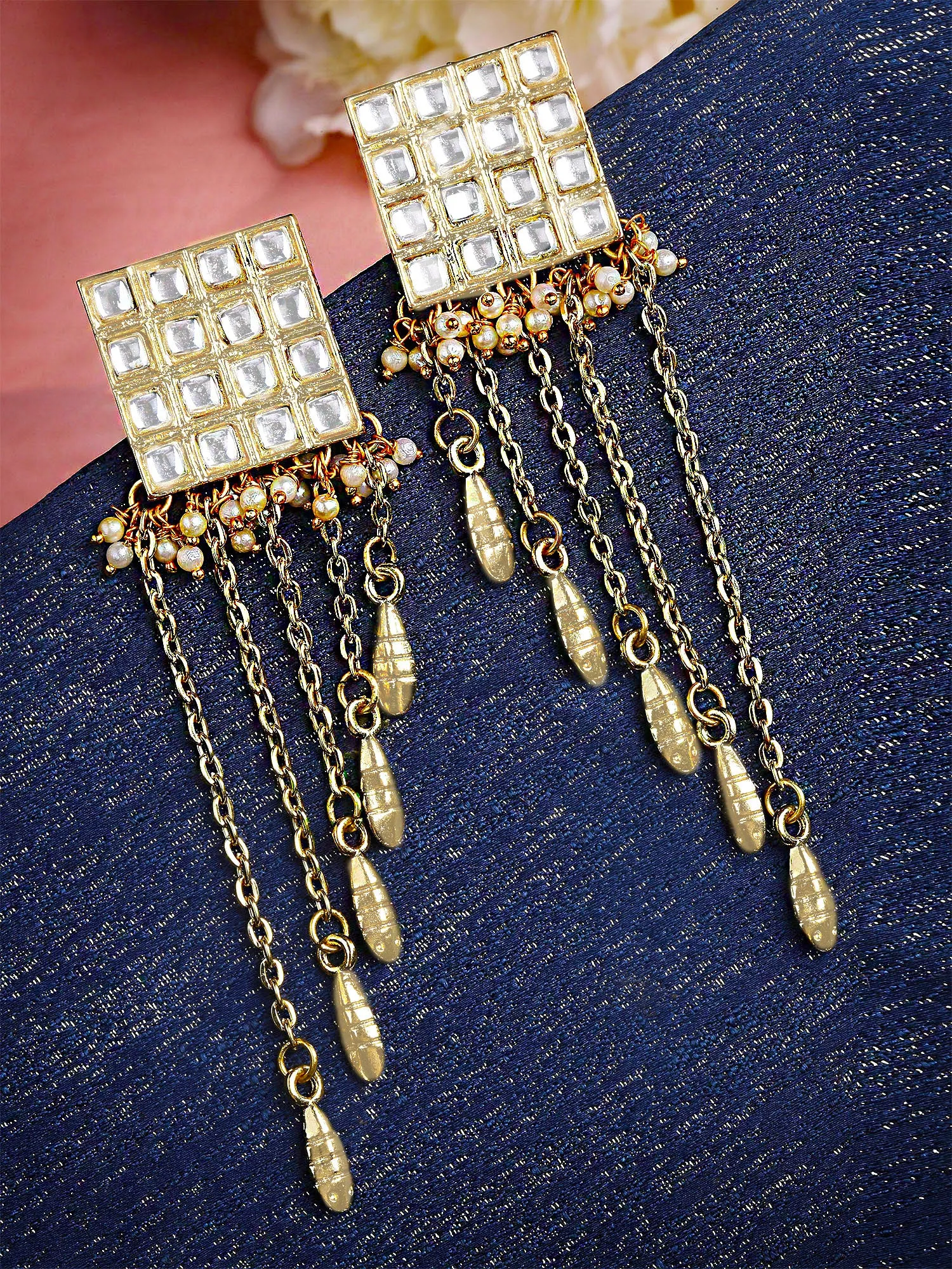 Karatcart Gold Plated Square Shape Pearl Studded Kundan Tassel Earrings for Women