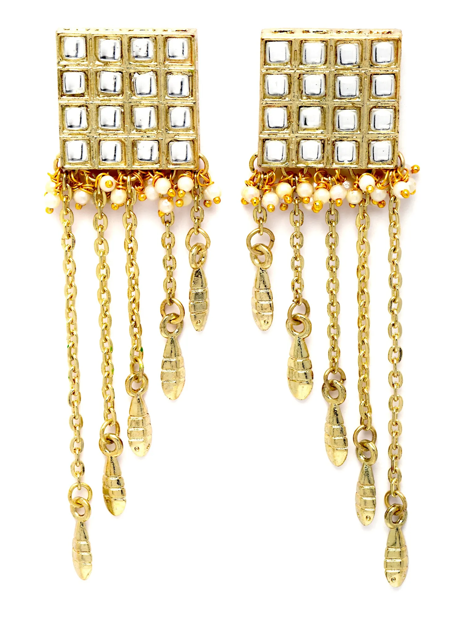 Karatcart Gold Plated Square Shape Pearl Studded Kundan Tassel Earrings for Women
