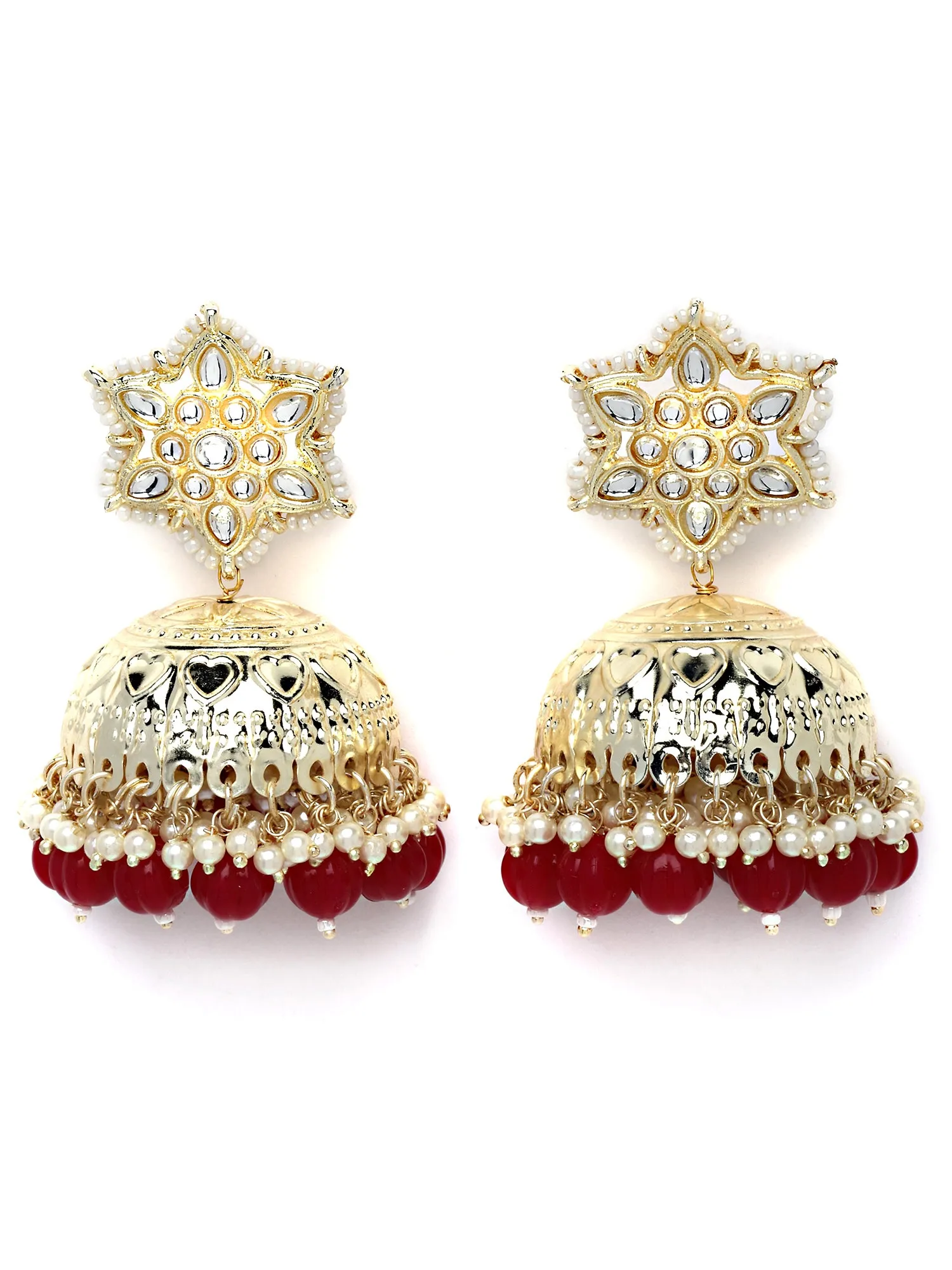 Karatcart Gold Plated Star Shaped Red Beads Kundan Jhumki Earrings for Women
