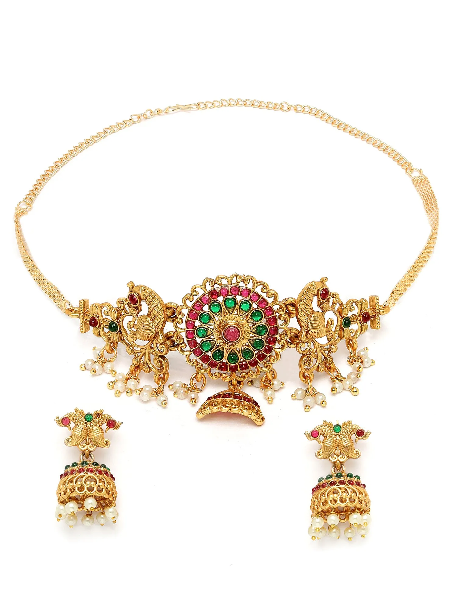 Karatcart Gold-Plated Stone-Studded & Beaded Chakra Design Temple Jewellery Set
