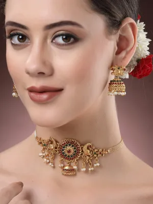 Karatcart Gold-Plated Stone-Studded & Beaded Chakra Design Temple Jewellery Set