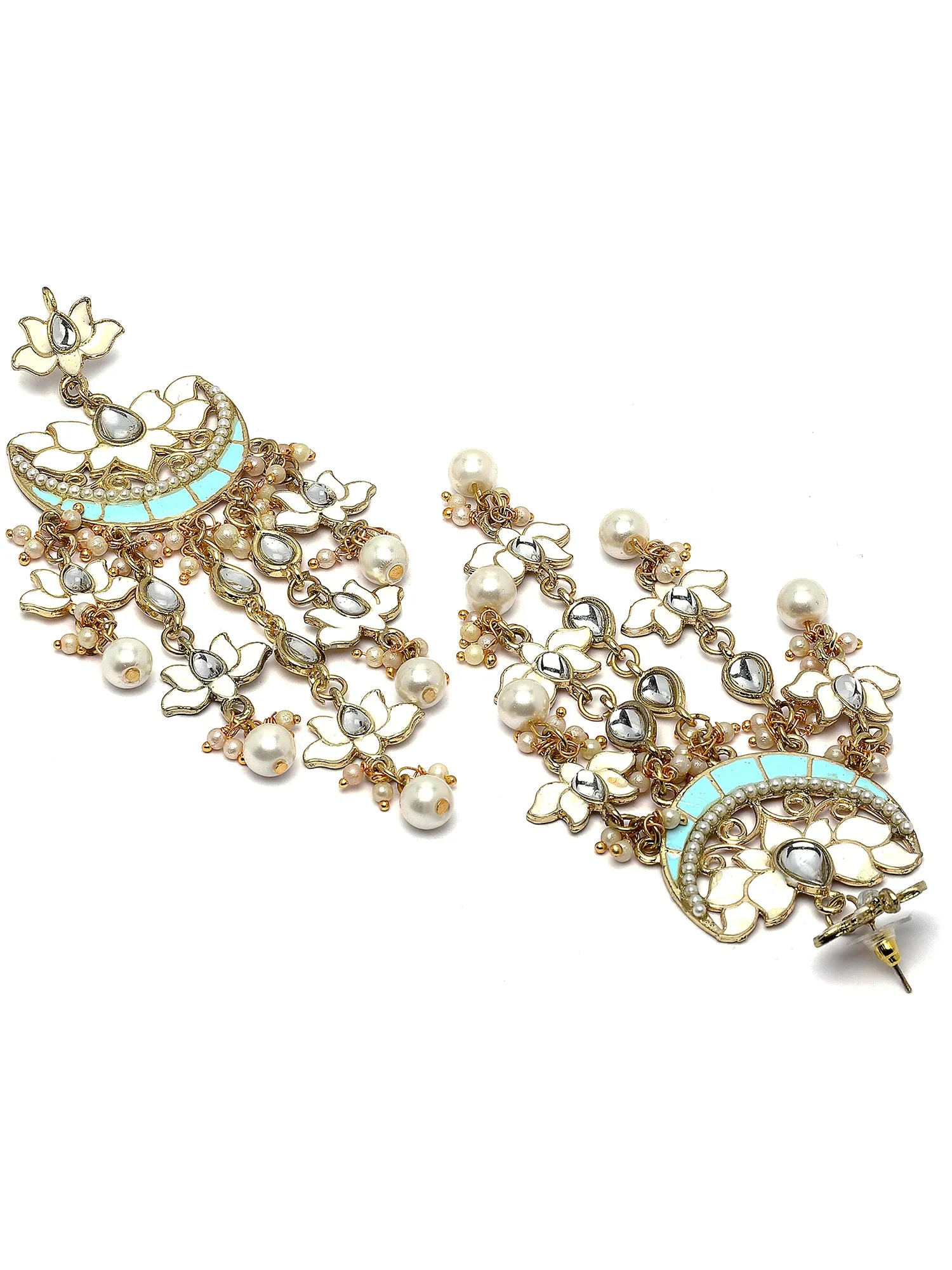 Karatcart Gold Plated White Meena Lotus Design Kundan Drop Earrings for Women