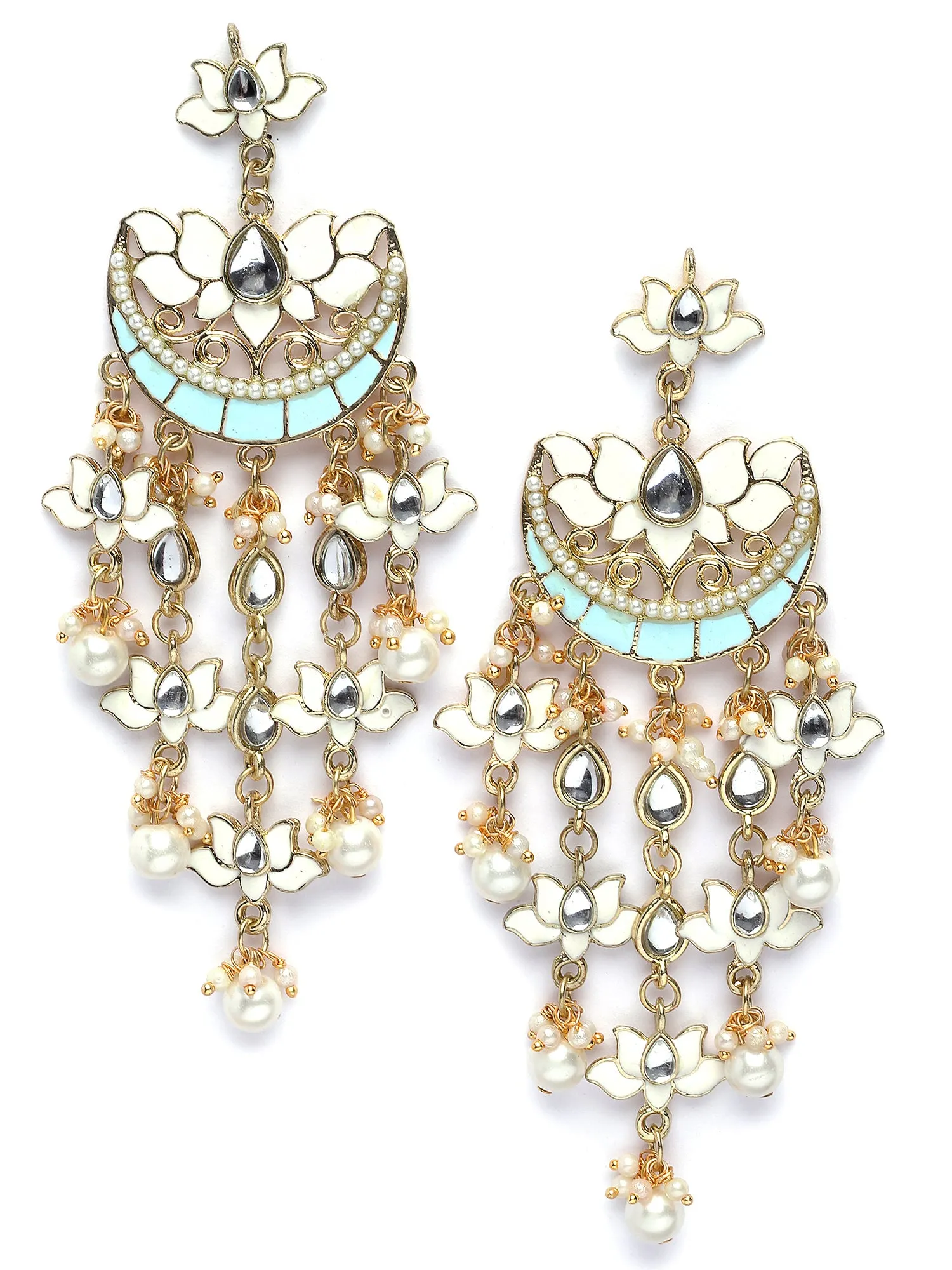 Karatcart Gold Plated White Meena Lotus Design Kundan Drop Earrings for Women