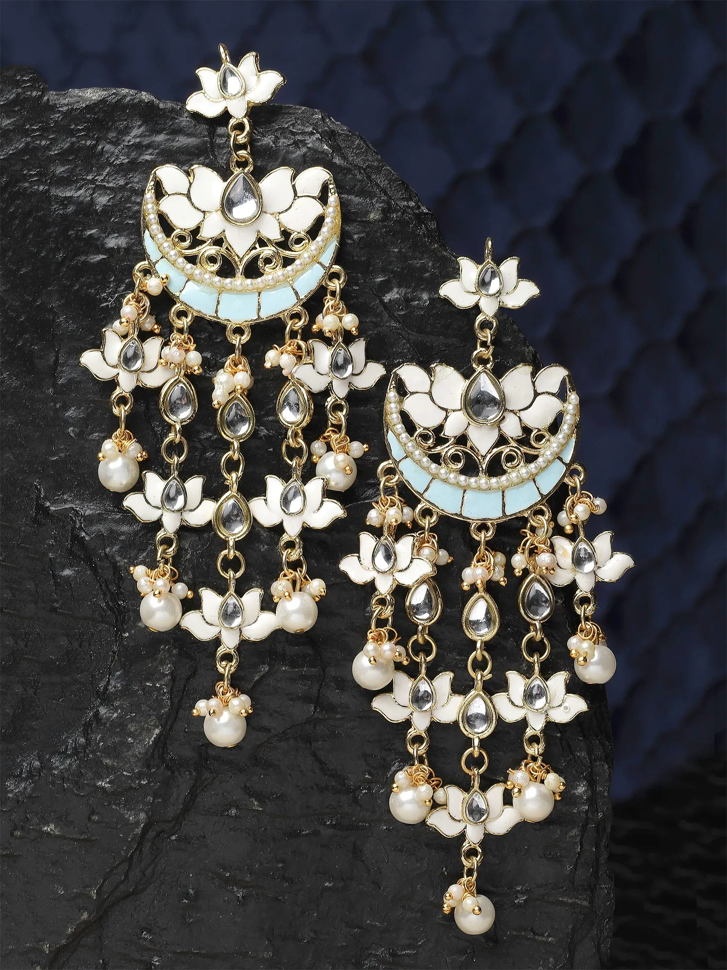 Karatcart Gold Plated White Meena Lotus Design Kundan Drop Earrings for Women