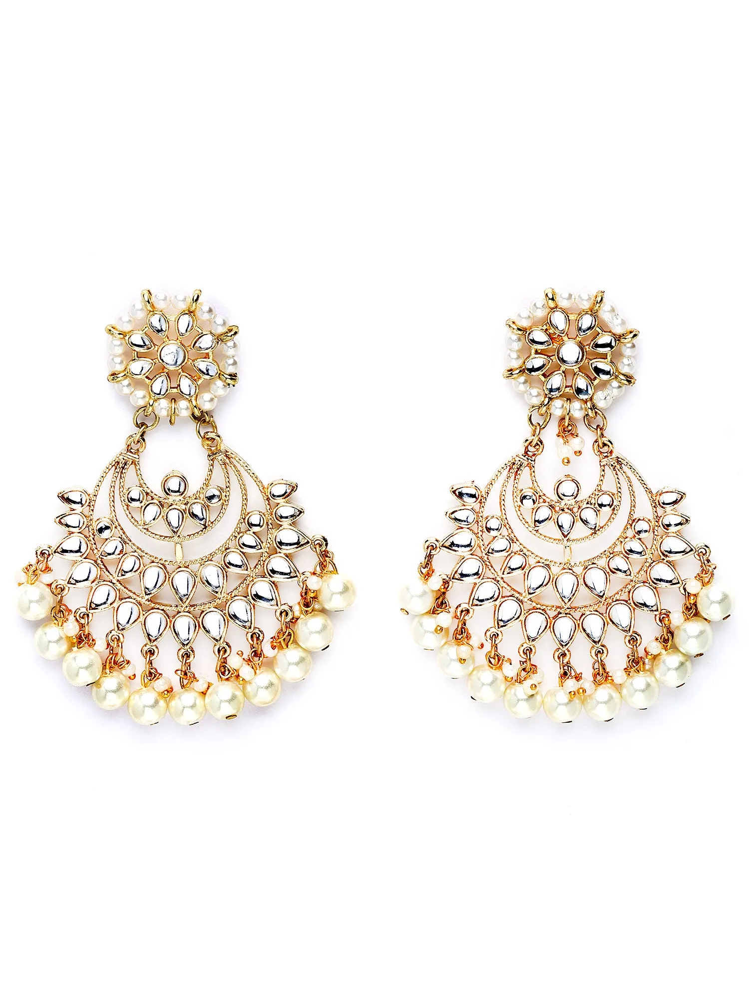 Karatcart Gold Plated White Pearl Beaded Kundan Earrings and Maangtikka Combo for Women