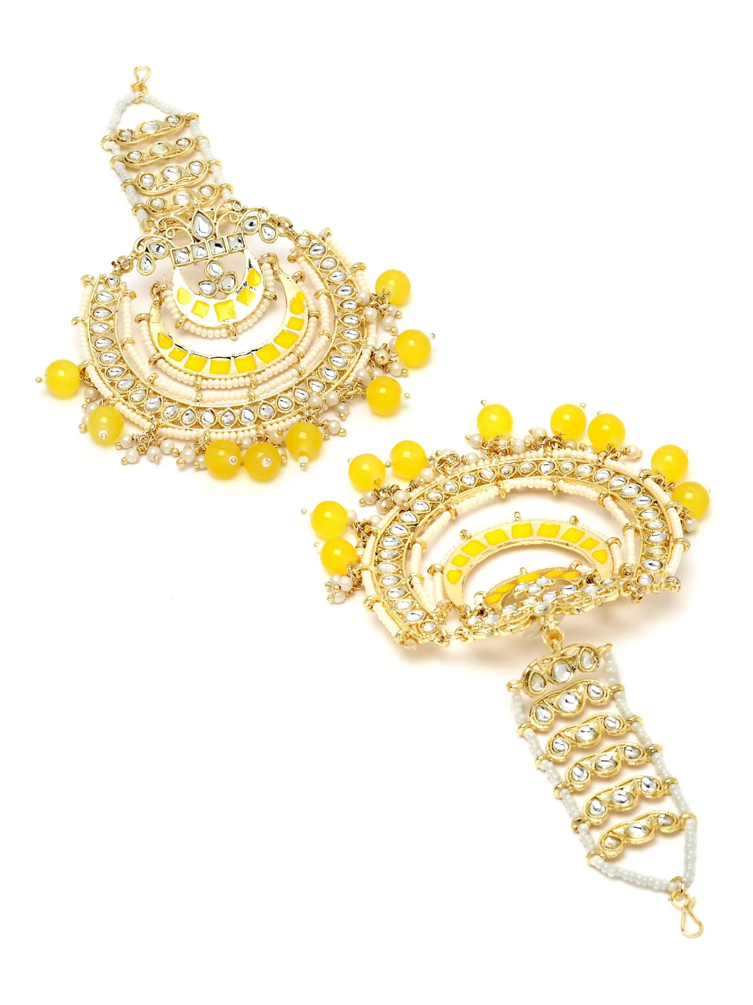 Karatcart Gold Plated Yellow Beads and Kundan Studded Kaanchain Chandbali Earrings for Women