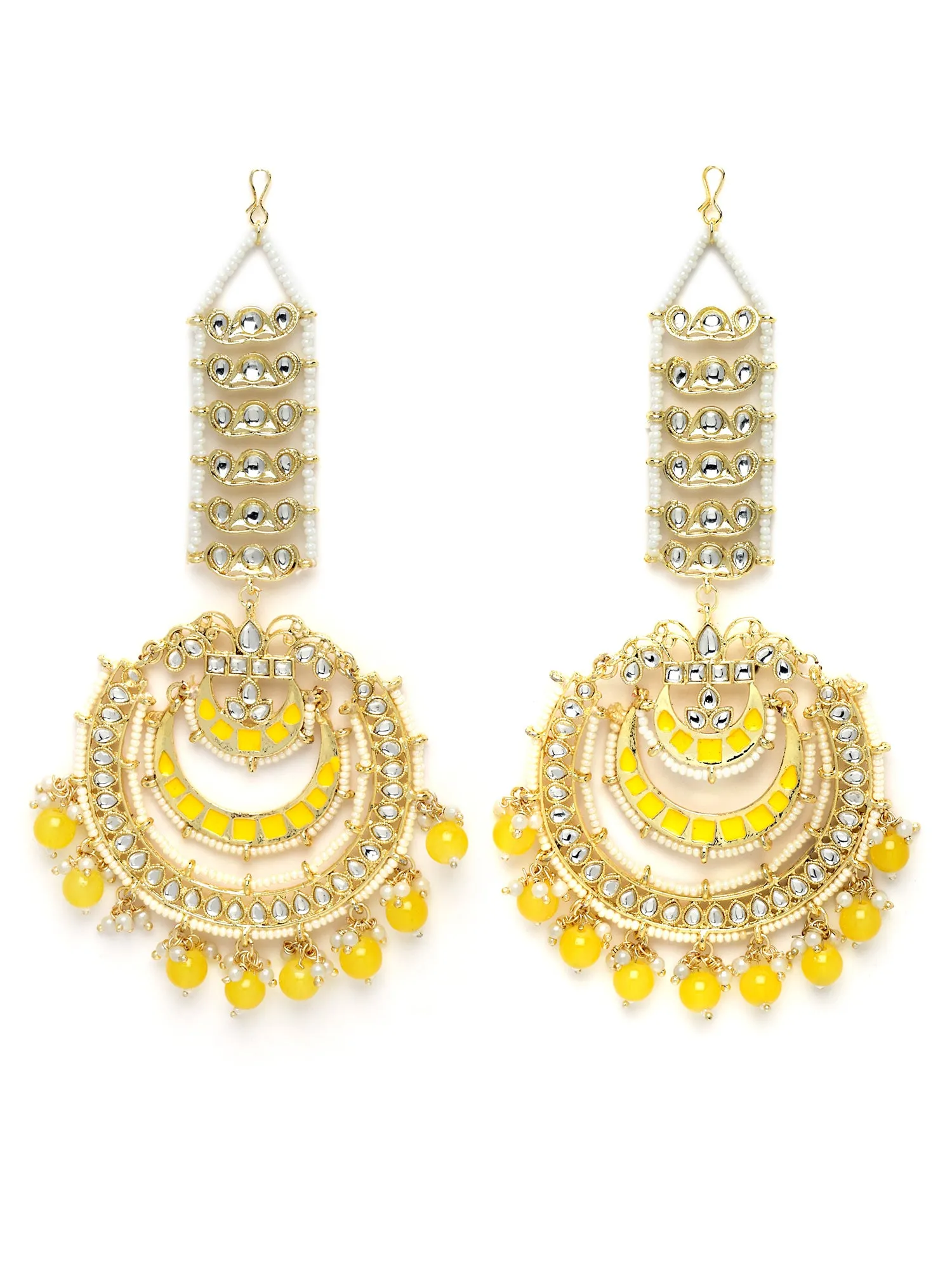 Karatcart Gold Plated Yellow Beads and Kundan Studded Kaanchain Chandbali Earrings for Women