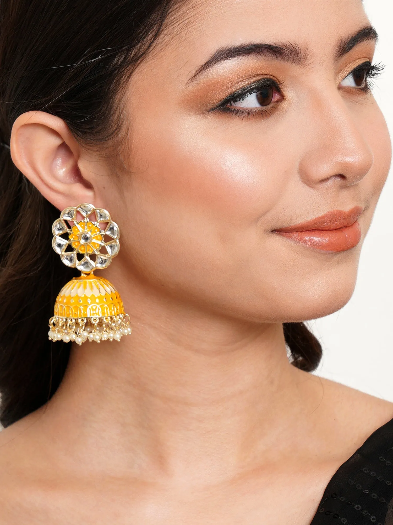 Karatcart Gold Plated Yellow Meena Kunda Studded Jhumki Earrings for Women