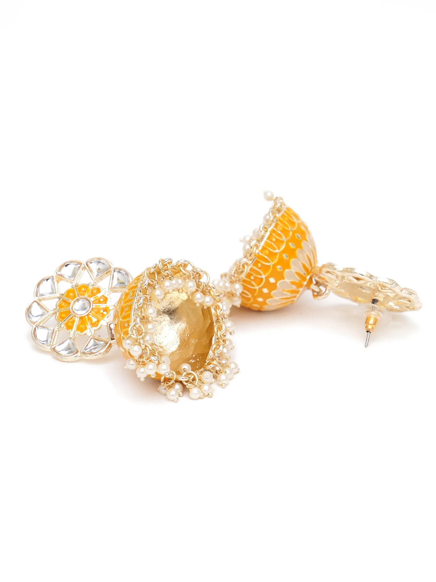 Karatcart Gold Plated Yellow Meena Kunda Studded Jhumki Earrings for Women