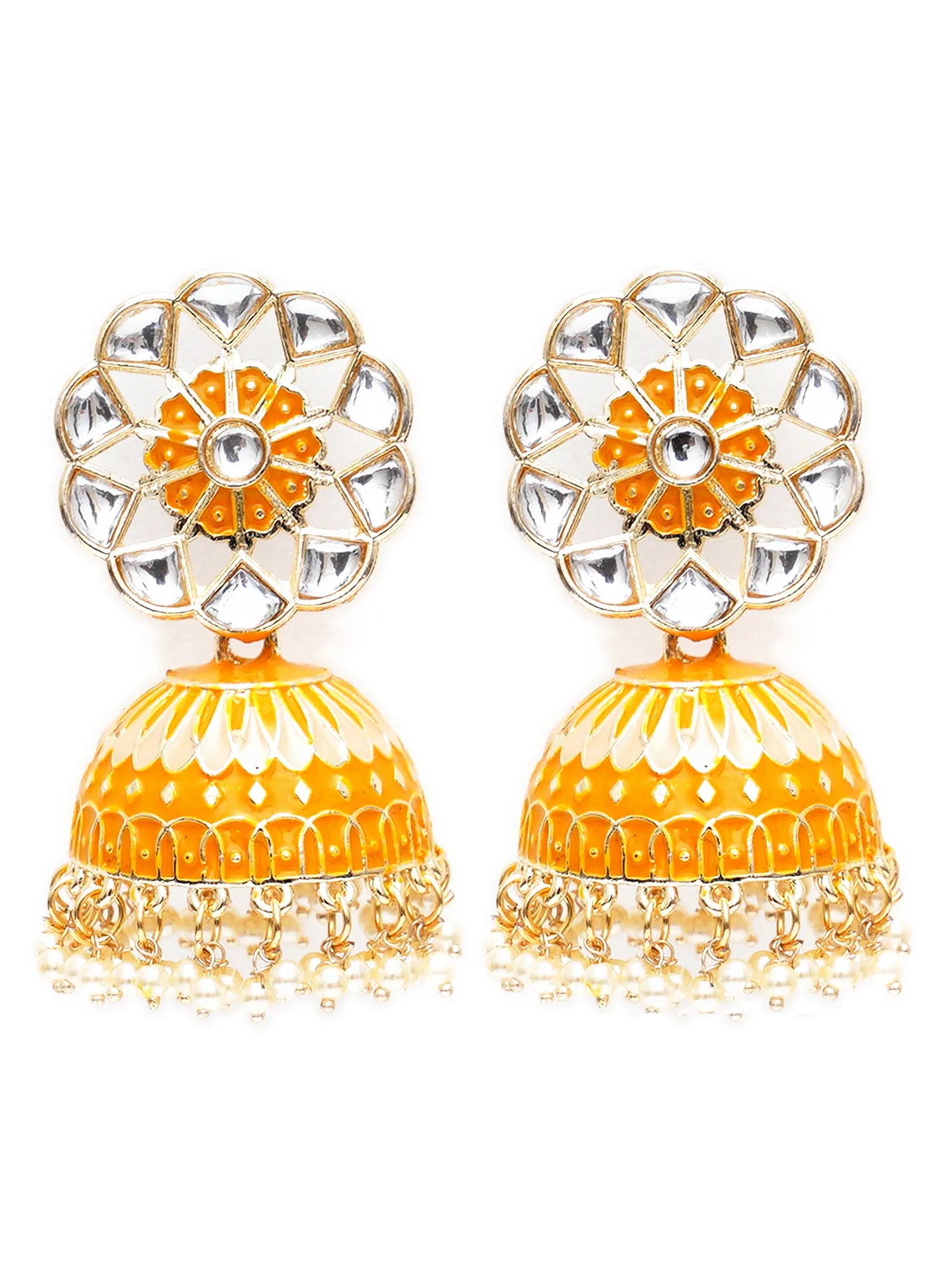 Karatcart Gold Plated Yellow Meena Kunda Studded Jhumki Earrings for Women